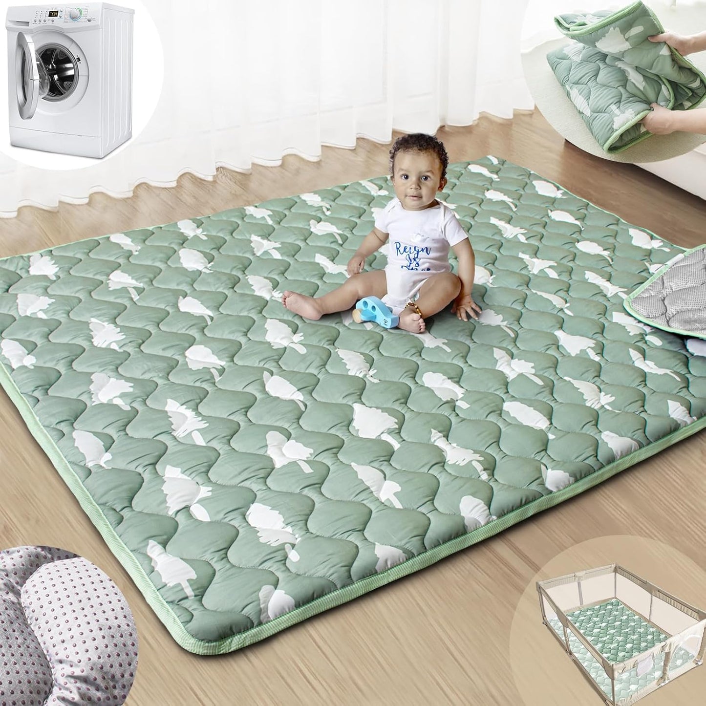 Baby Play Mats for Floor, 71”x59” Upgraded Thickness & Larger Super Soft Playmat for Babies and Toddlers, Foldable Washable, Upgrade Anti-Slip Crawling Mat for Playpen(Trees)