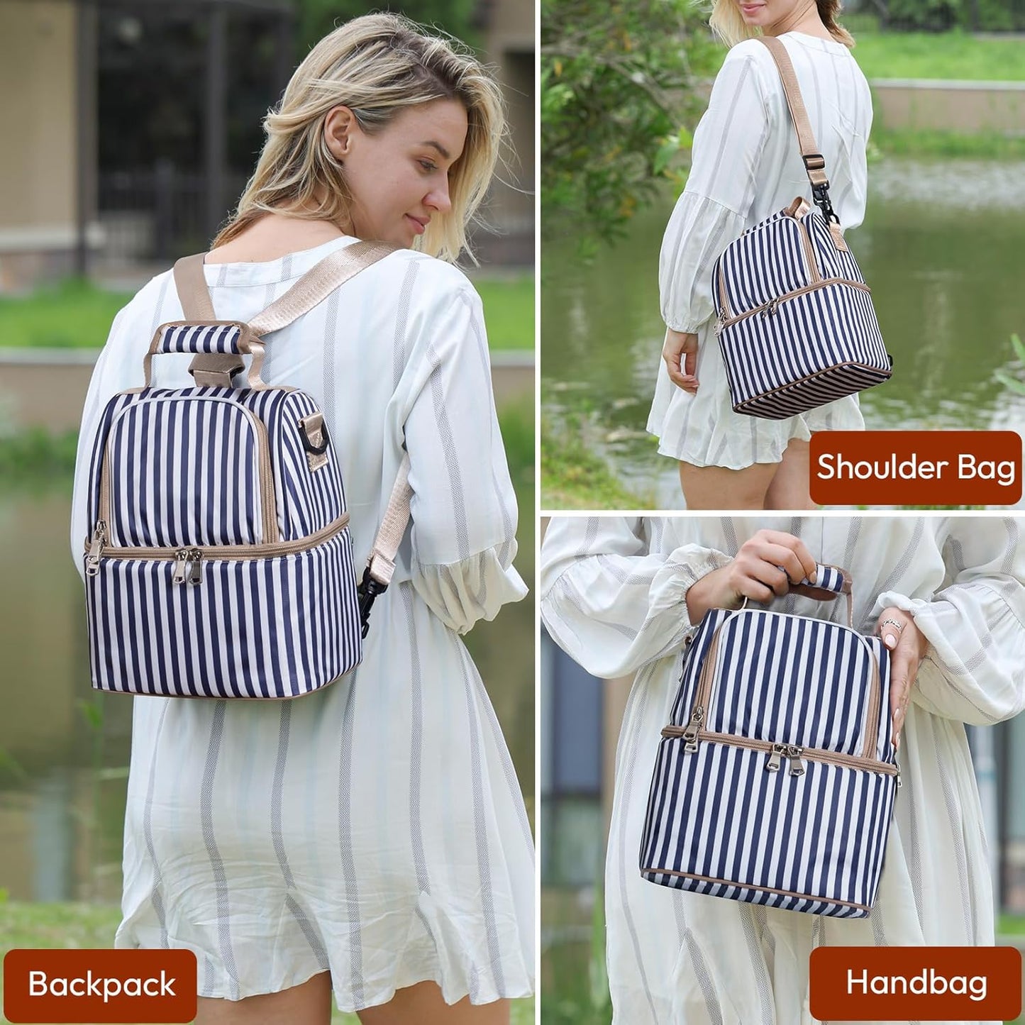 NCVI Breastmilk Cooler Bag with 2 Ice Pack, Breast Pump Bag with Cooler Fits 6 Bottles, Double Layer Breast Milk Baby Bottle Cooler Bag, for Travel, Nursing Mom Daycare, Work, Picnic (Stripe)