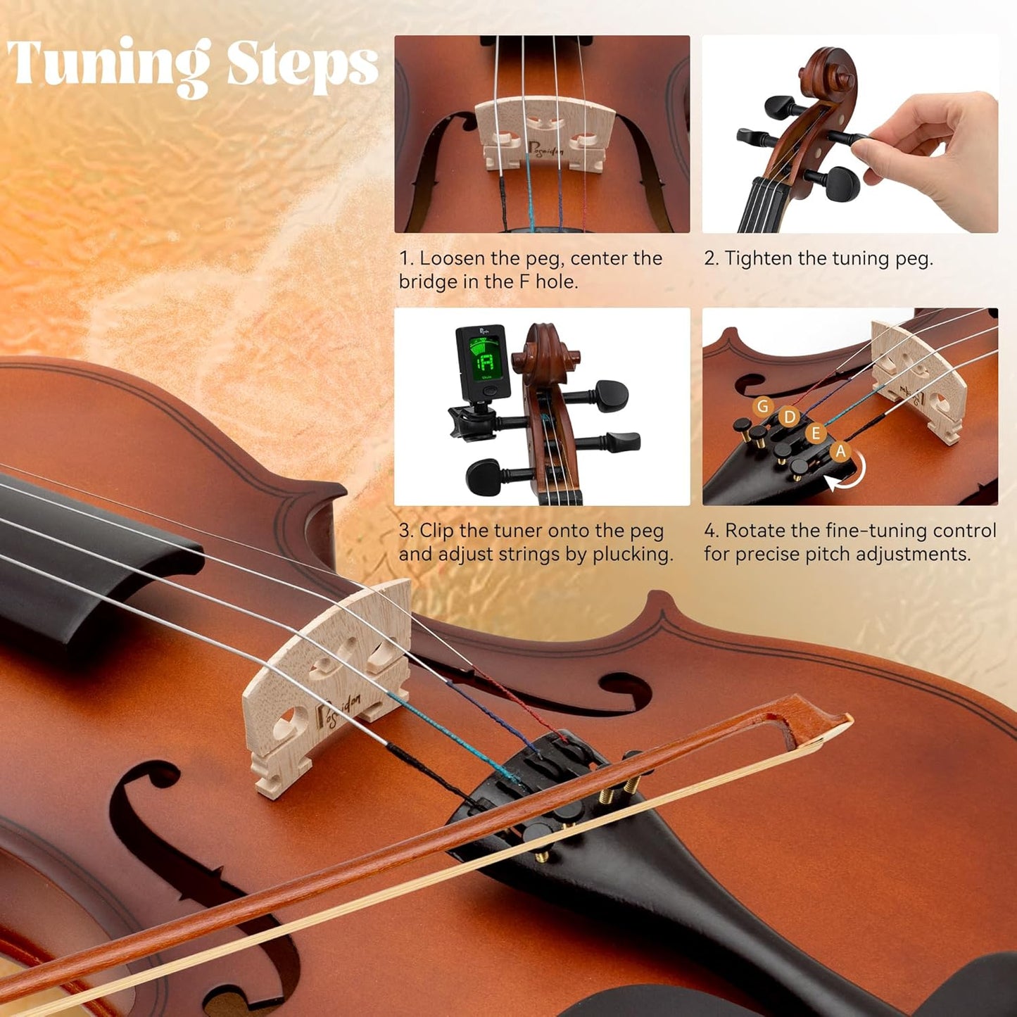 Poseidon 1/2 Violin Set Half Size Fiddle for Beginners with Hard Case, Bow, Rosin, Extra Violin Strings 1/2 Full Set, Digital Tuner, Shoulder Rest & Cleaning Cloth for Students, Children