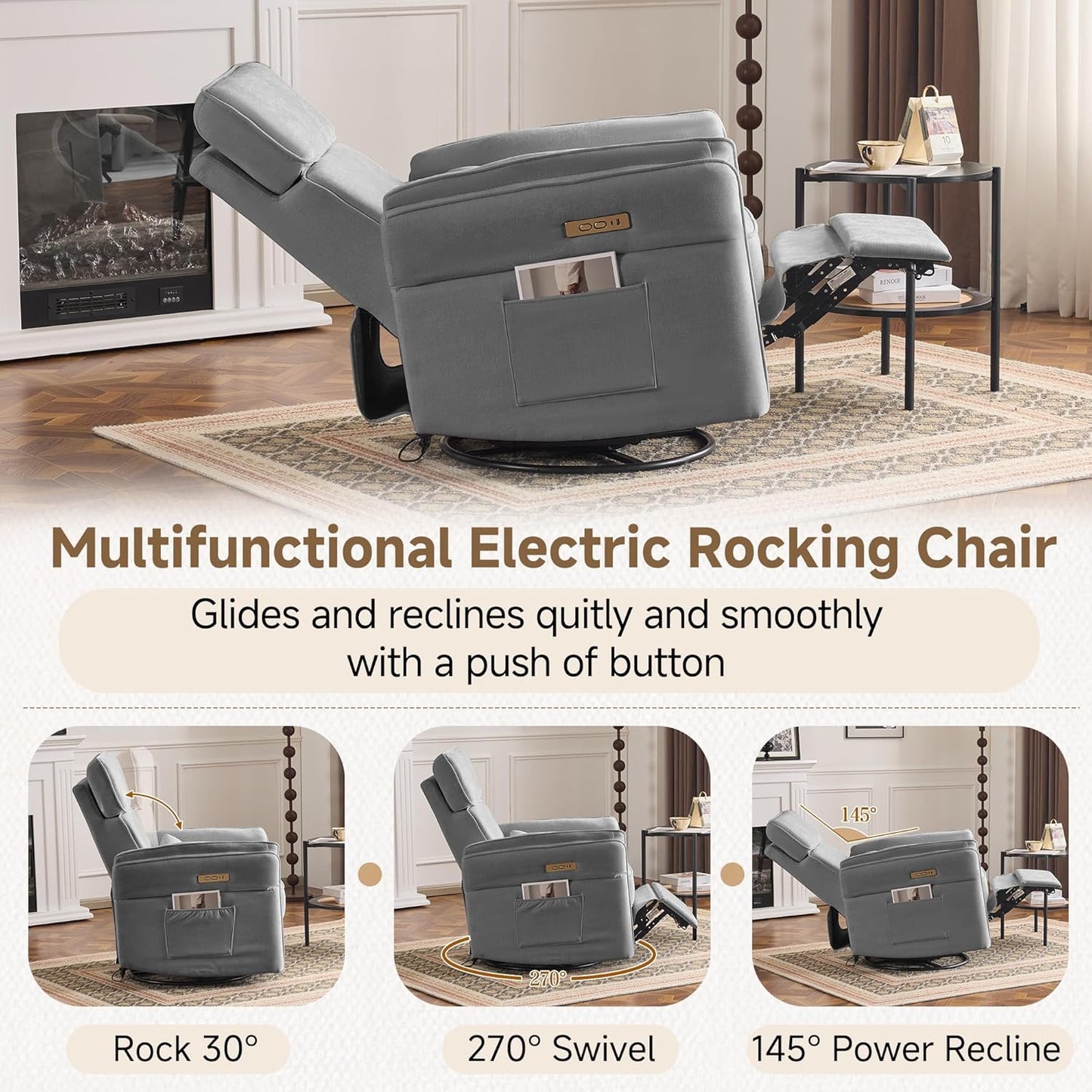 MELLCOM Power Recliner Rocking Chair Nursery Gliders with Adjustable Armrests and Headrest, Swivel Electric Glider Reclining Nursing Chair with USB Port and Storage Bags, FSC Certified