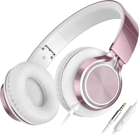 AILIHEN C8 Girls Headphones, On-Ear Headphones Wired with Microphone and Volume Control Foldable Corded Stereo 3.5mm Headset for Girls School Chromebook Laptop Computer PC Tablets Travel (Rose Gold)