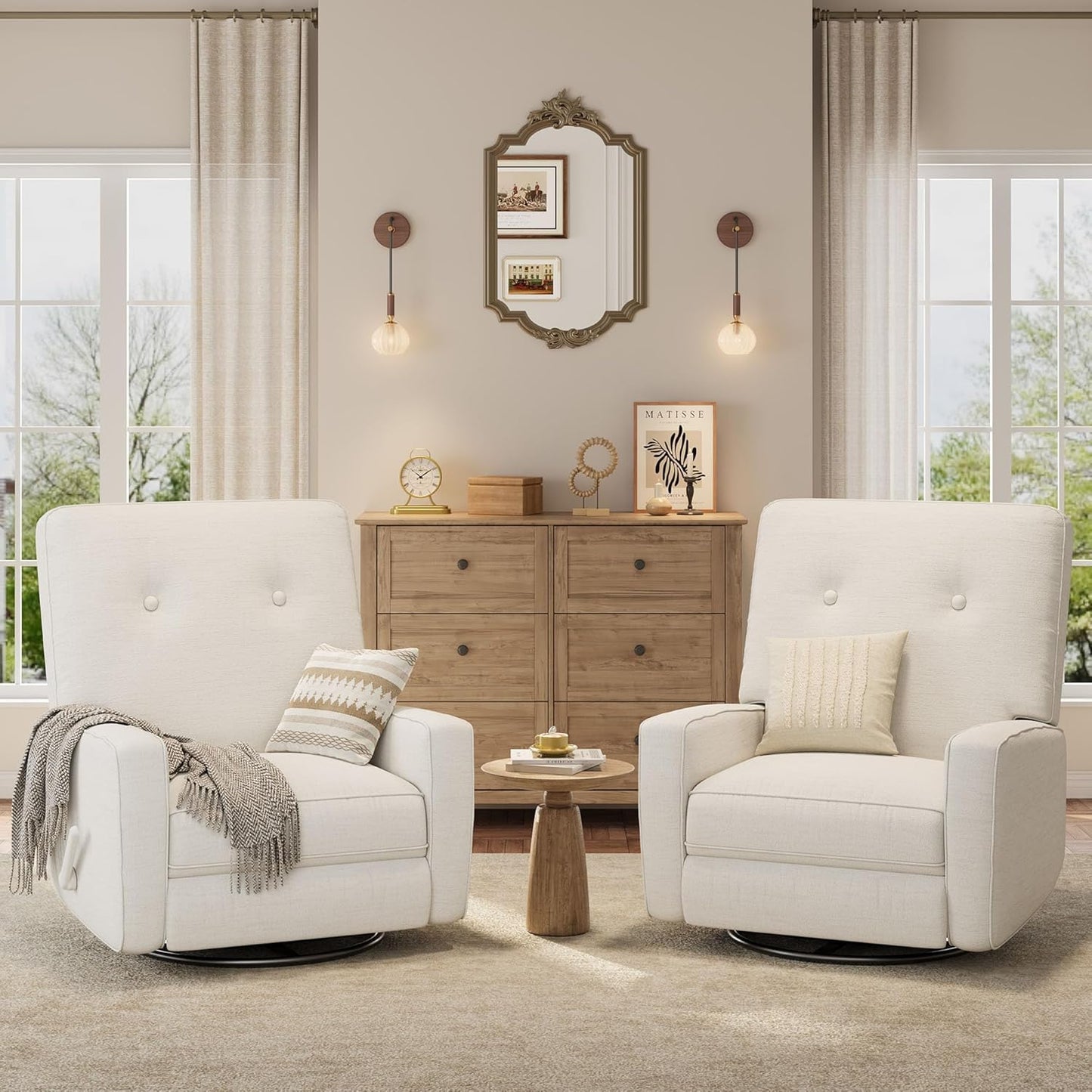 Oversized Recliner Chairs, Swivel Rocker Recline, Glider Recliner Nursery Chair, Recliner Chair for Adults, 360°Swivel Glider Rocking Chair for Living Room, Bedroom, Office, RV, Linen, White