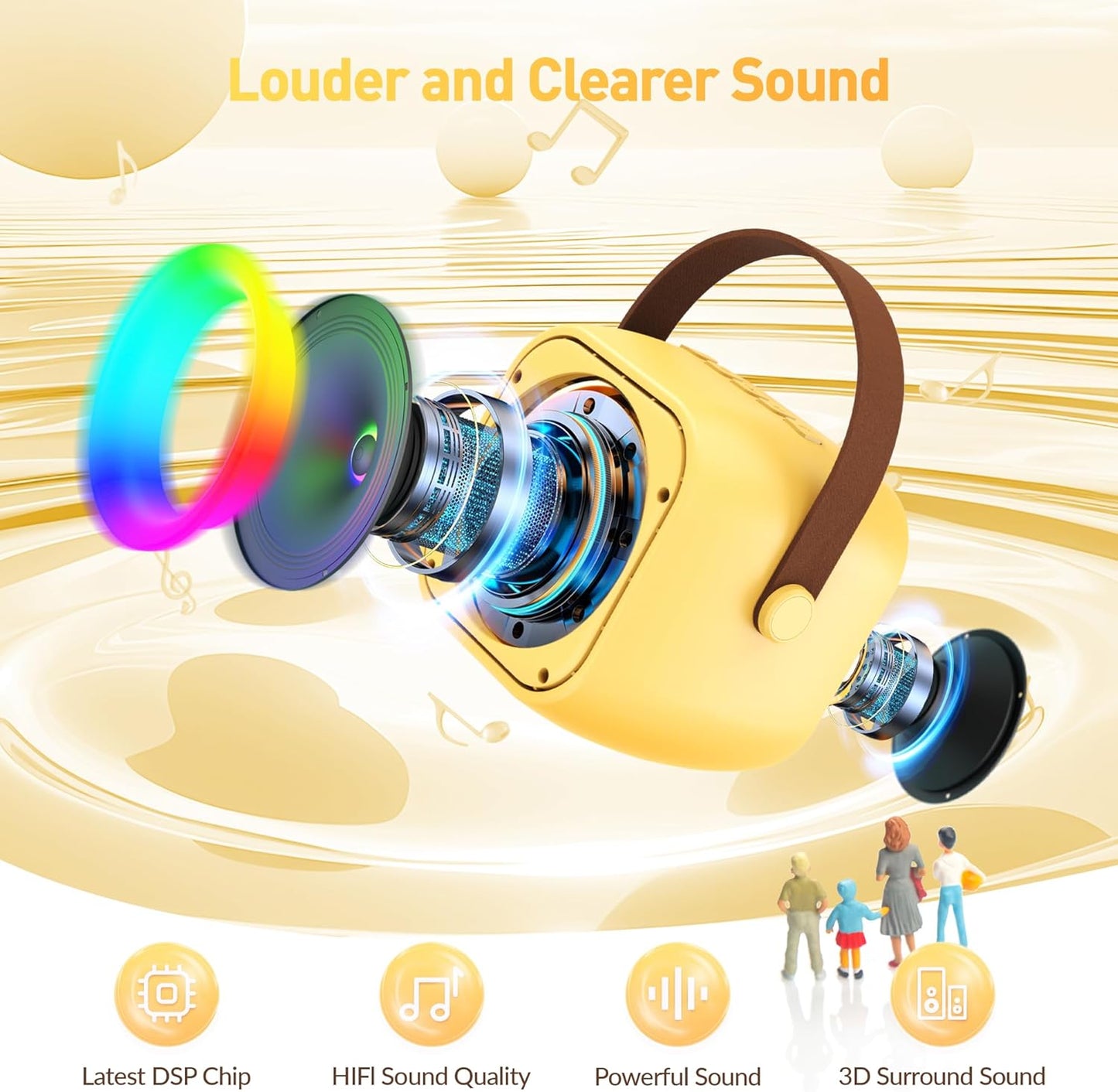 Mini Karaoke Machine for Kids Adults：Portable Bluetooth Karaoke Speaker with 2 Wireless Microphones and Lights for Home Party, Christmas Birthday Gifts for 4-12+ Years Old Girls Boys(Yellow)
