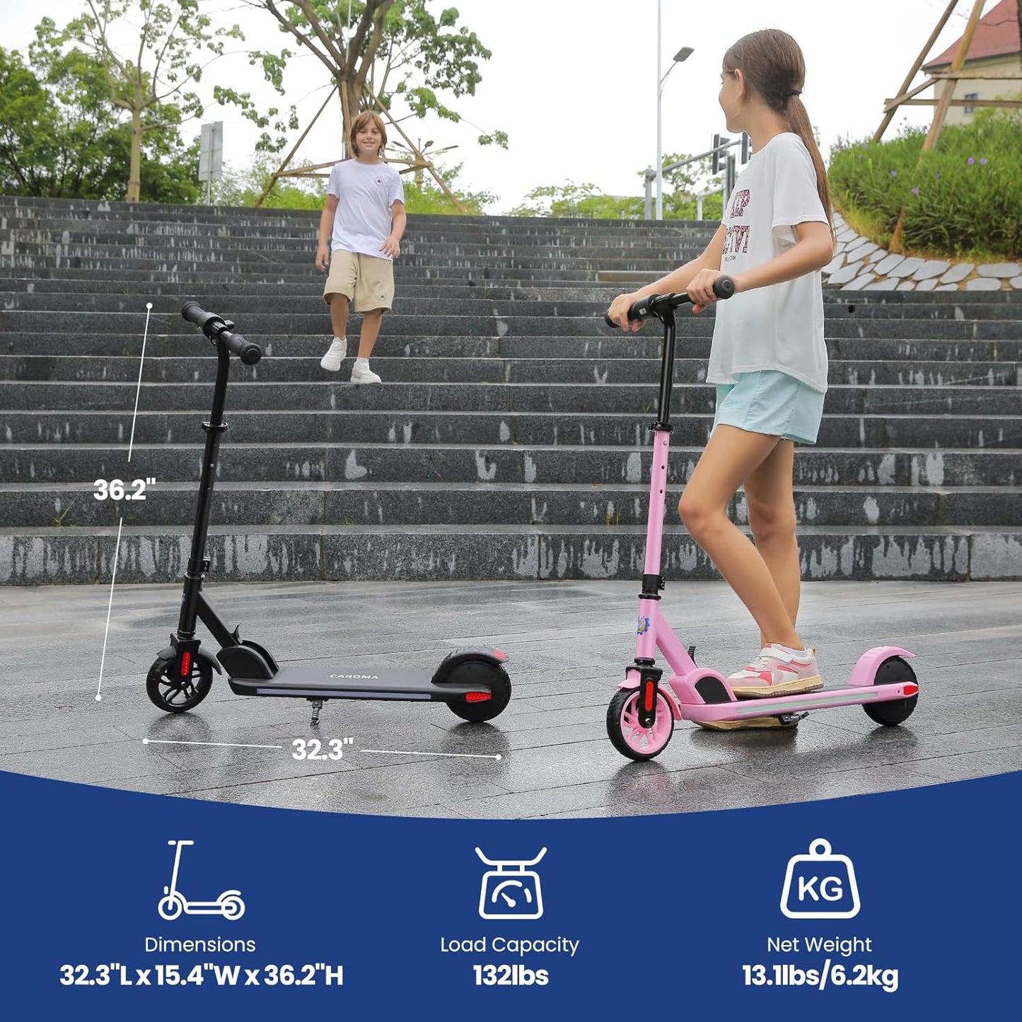 Caroma Electric Scooter for Kids Ages 6-12,150W/180WMotor,10 MPH Max Speed & 7 Miles,Colorful Lights,Adjustable Height & Speed,LED Display,Foldable Kids Electric Scooter 132 Lbs Max Load,Idea Gift