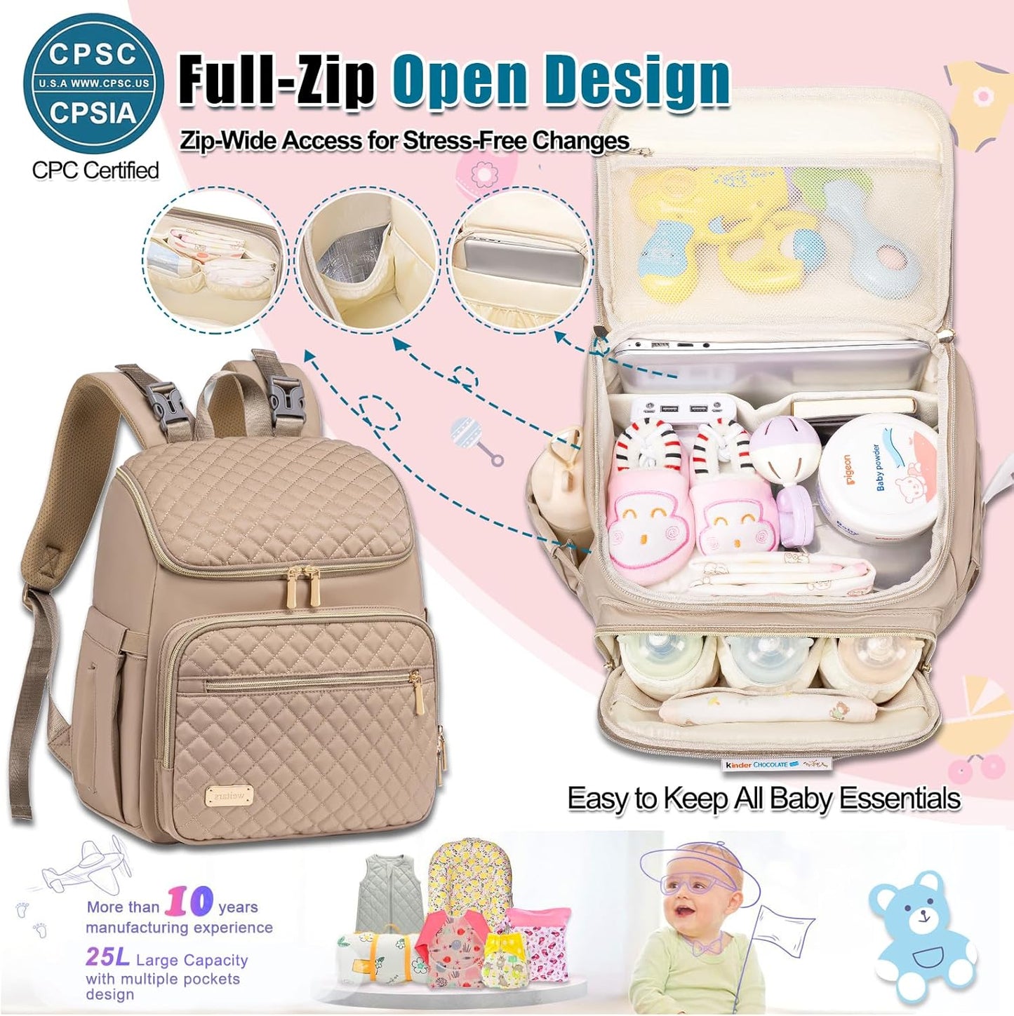 Weitars Diaper Bag Backpack Large Baby Diaper Bag with Changing Pad Travel Diaper Backpack,Baby Bag for Boys Girls,Stroller Straps,5 Insulated Pockets (Khaki)