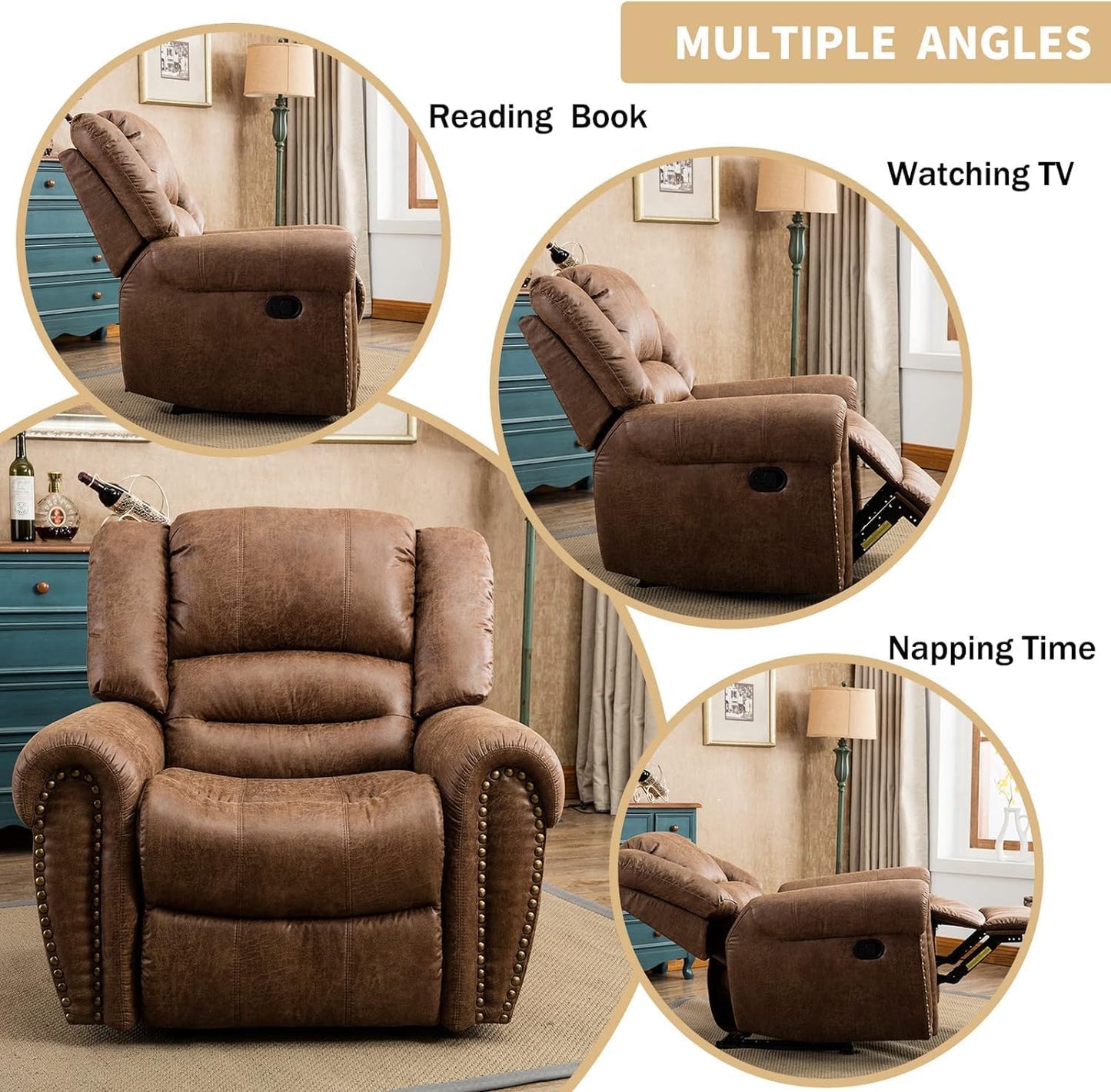 CANMOV Leather Recliner Chair Set of 2, Classic and Traditional Manual Recliner Chair with Comfortable Arms and Back,Manual Single Recliner Sofa for Living Room, Nut Brown