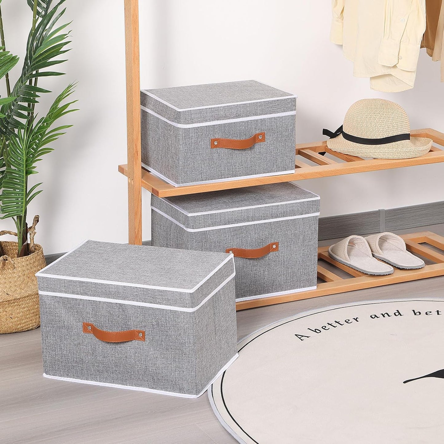 Fabric Storage Bins with Lids, Linen Foldable Clothes Boxes, Closet Organizer Containers with Double Handles, Baskets for Bedroom, Grey, 3 Pack, 13 x 9.1 x 7.9 Inch