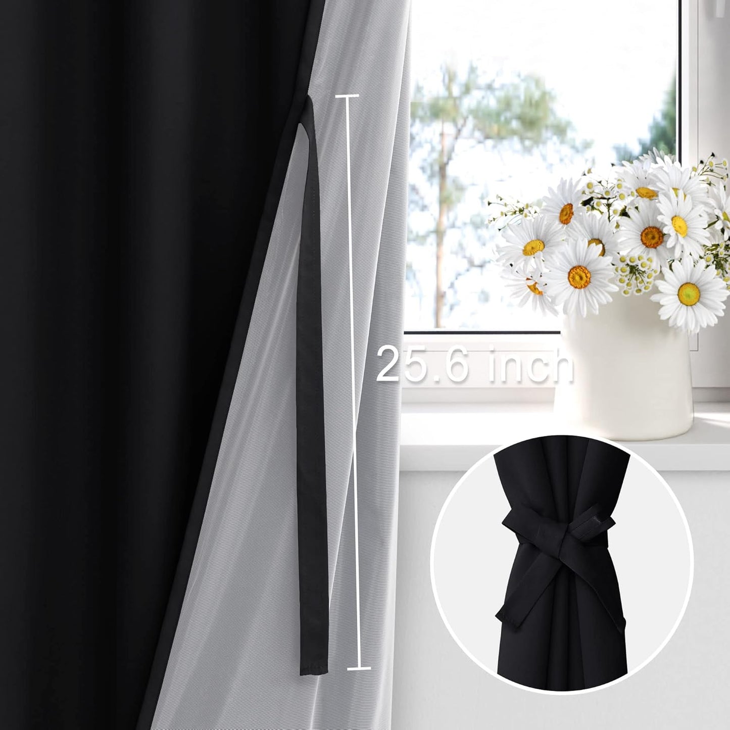 XWZO 100% Blackout Curtains 54 Inches Length with Tiebacks- Full Shade Window Drapes Thermal Insulated Double Layer with Black Liner for Bedroom/Living Room, Rod Pocket, Black, W52 x L54, Set of 2