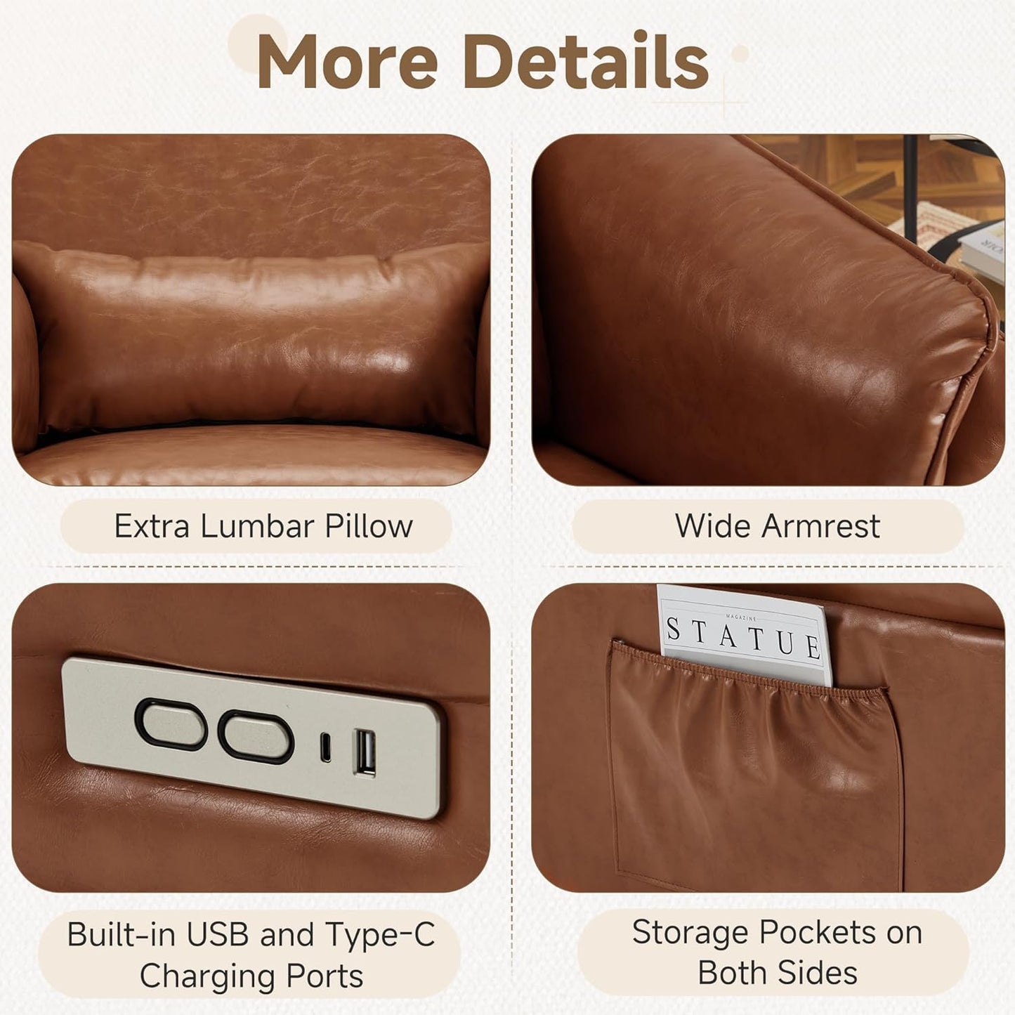 Power Recliner Rocking Chair Nursery Gliders with Adjustable Armrests and Headrest, Swivel Electric Glider Reclining Nursing Chair with USB Port and Storage Bags, FSC Certified(Leather, Brown)