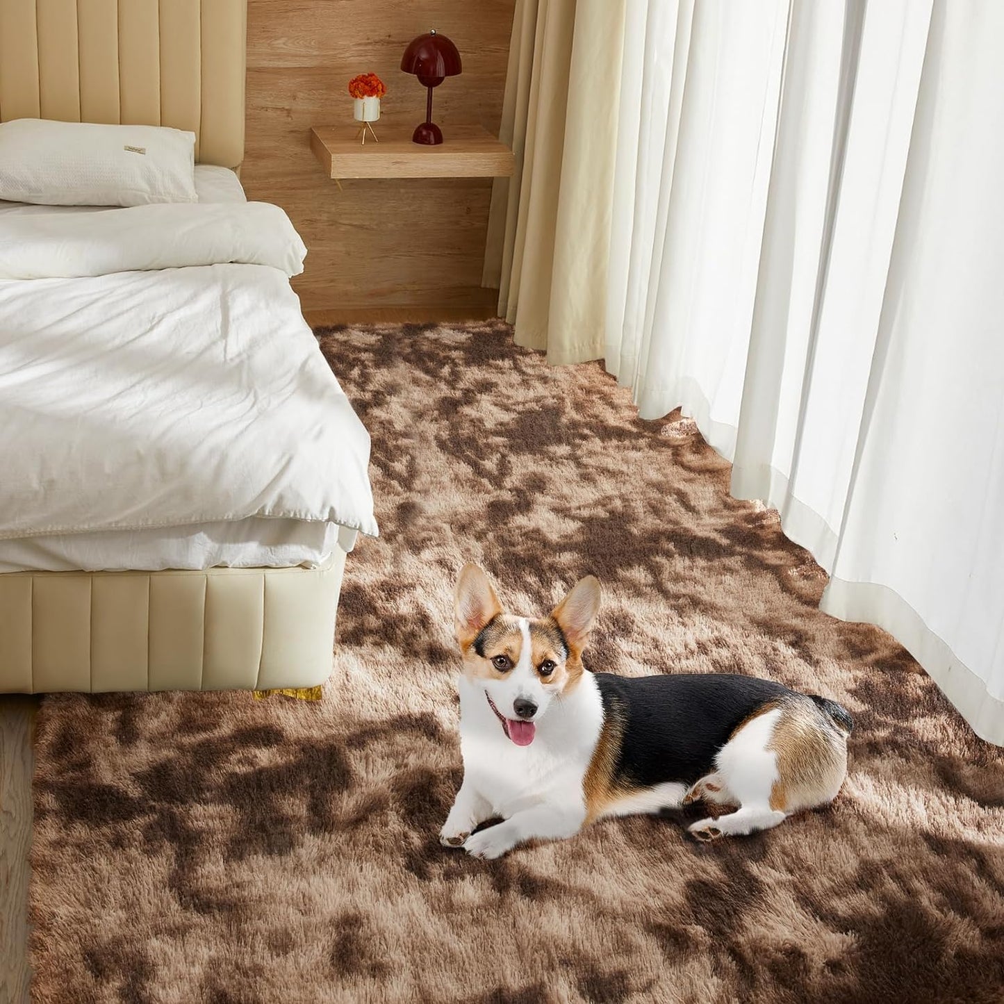 Ultra Soft Rug for Living Room, 3X5 Fluffy Shag Area Rug for Bedroom, Modern Shaggy Carpets Fuzzy Rug for Teens Dorm Nursery Home Decor Aesthetic, Upgrade Anti-Skid Durable, Tie-Dyed Coffee