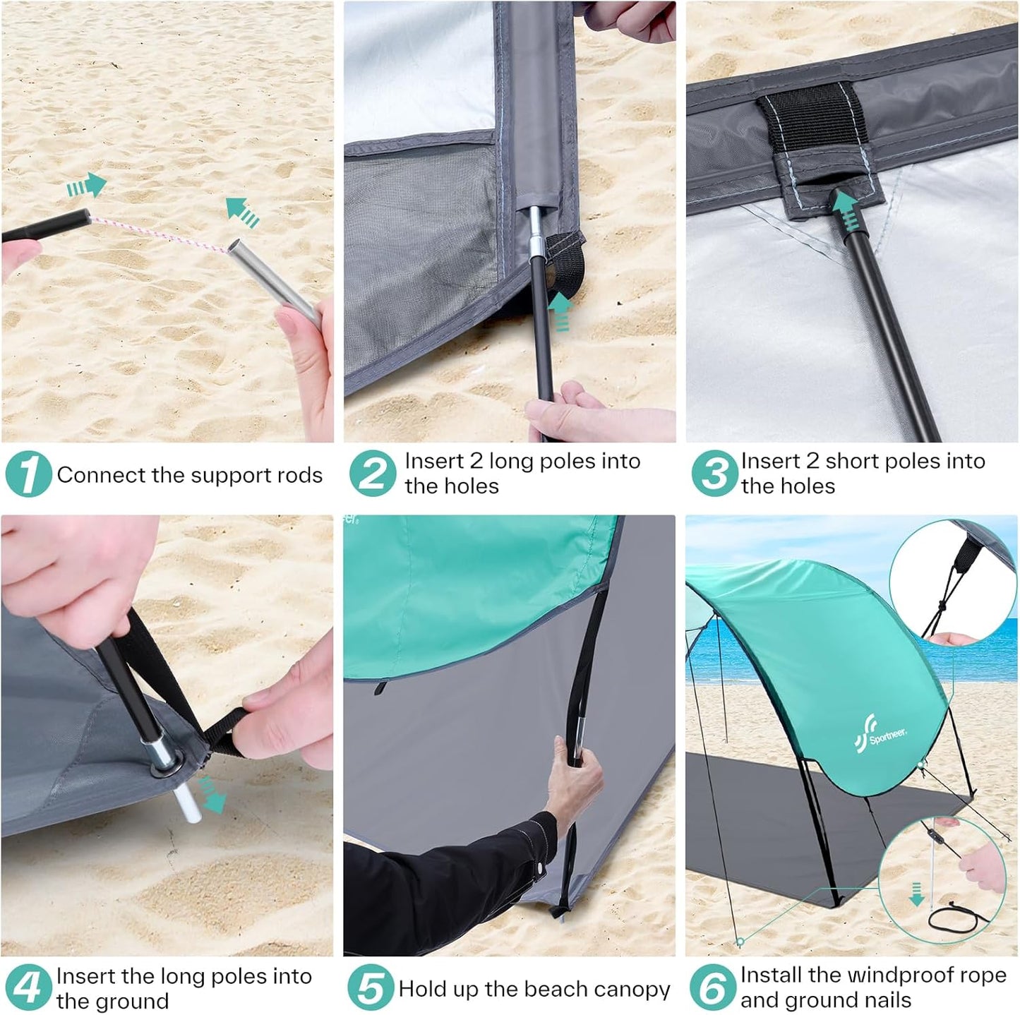 Sportneer Beach Tent Sun Shelter: UPF 50+ UV Protection Beach Canopy Tent Sun Shade for 2-3 Person, Easy Set Up Canopy with 8 Wind Ropes and 12 Ground Stakes for Beach, Size 96.5''x55.7''