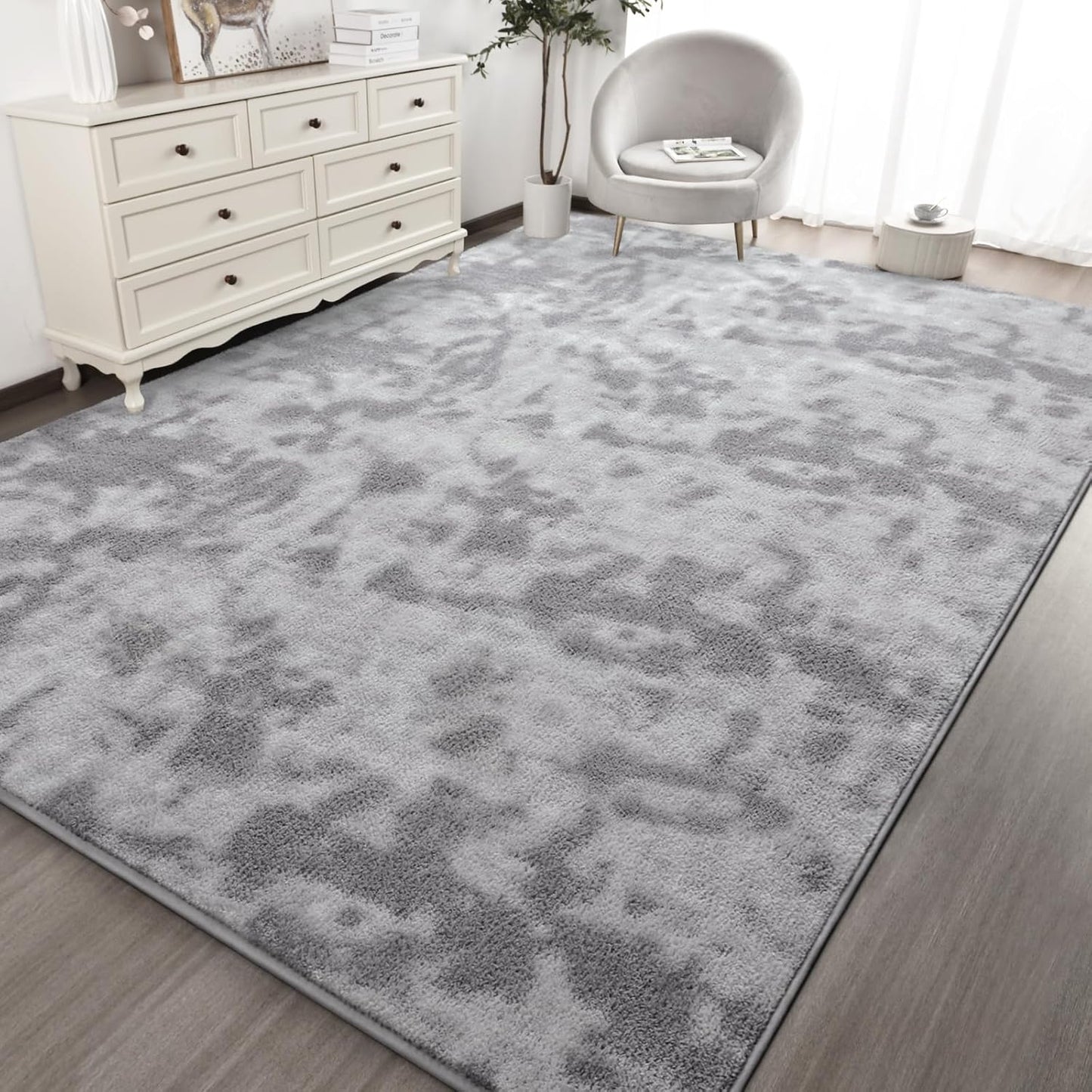 Kimicole 4x6 Washable Area Rugs for Bedroom Living Room, Low Pile Ulta-Thin Solid Color Rug, Non-Slip Soft Fluffy Carpet for Nursery Kids Room Dorm Room Home Decor (Light Grey)