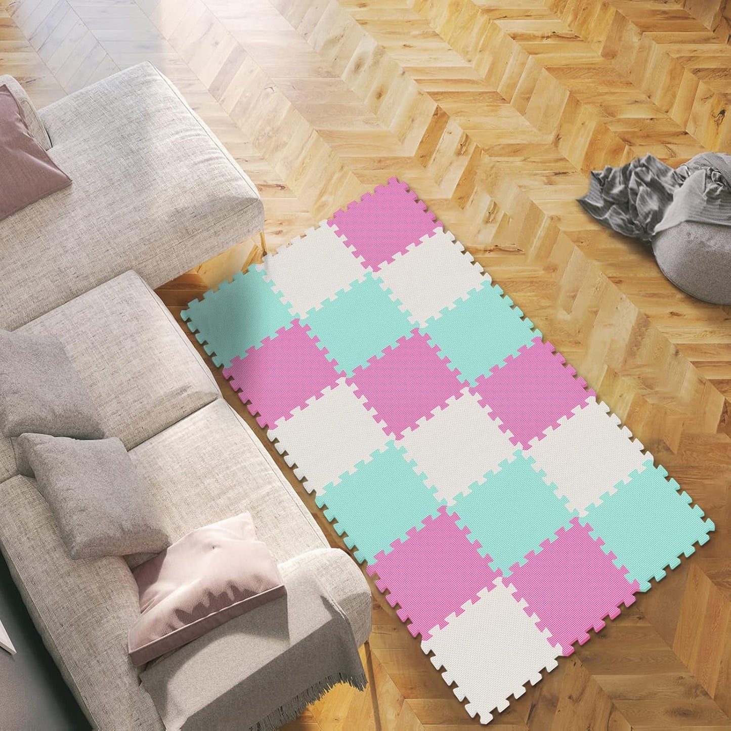 qqpp EVA Rubber 18 Tiles Interlocking Puzzle Foam Floor Mats - Baby Play Mat for Playing | Exercise Mat for Home Workout. White, Pink, Green. QC-ACHb18N
