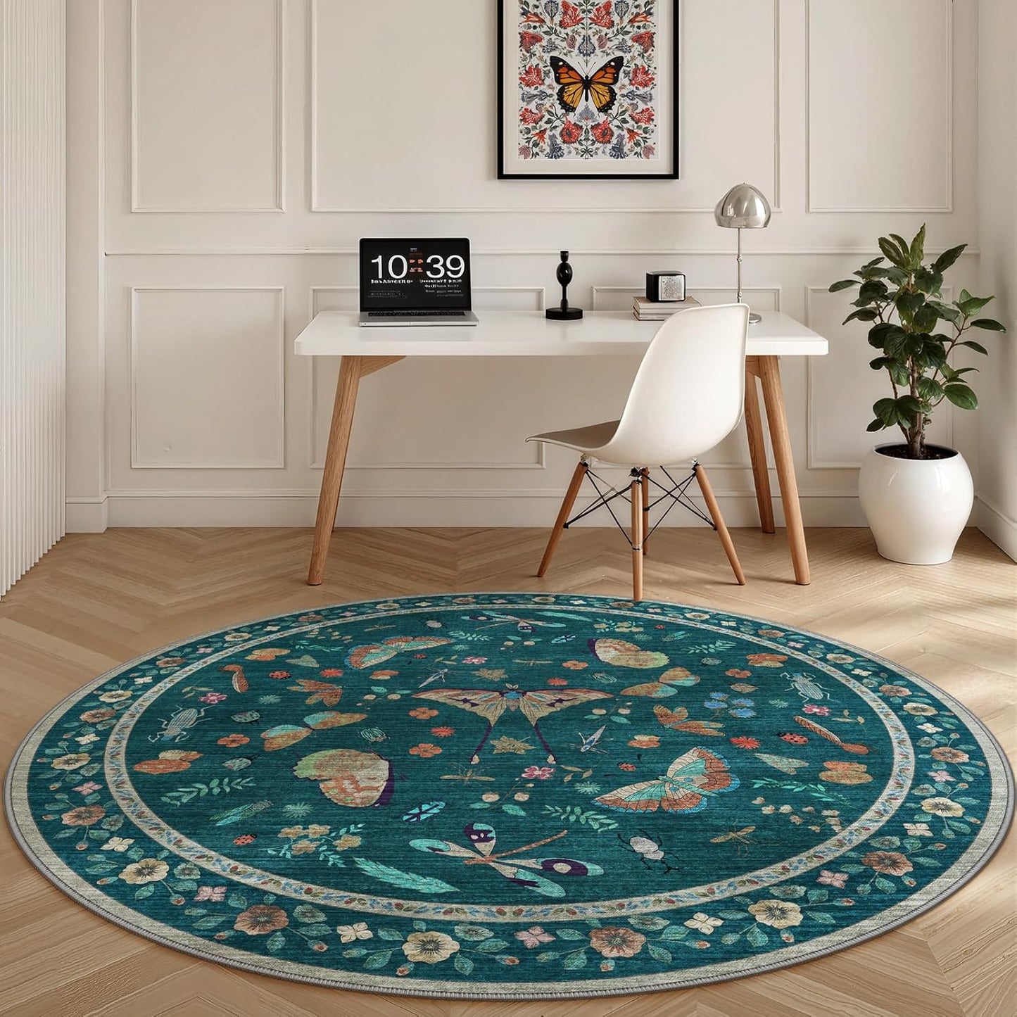 4ft Washable Round Rug - Bug Rugs for Living Room Non-Slip Low Pile Soft Ultra-Thin Machine Washable Circle Carpet for Bedroom, Entryway, Nursery, Kitchen, Home Office (4' Round Teal)