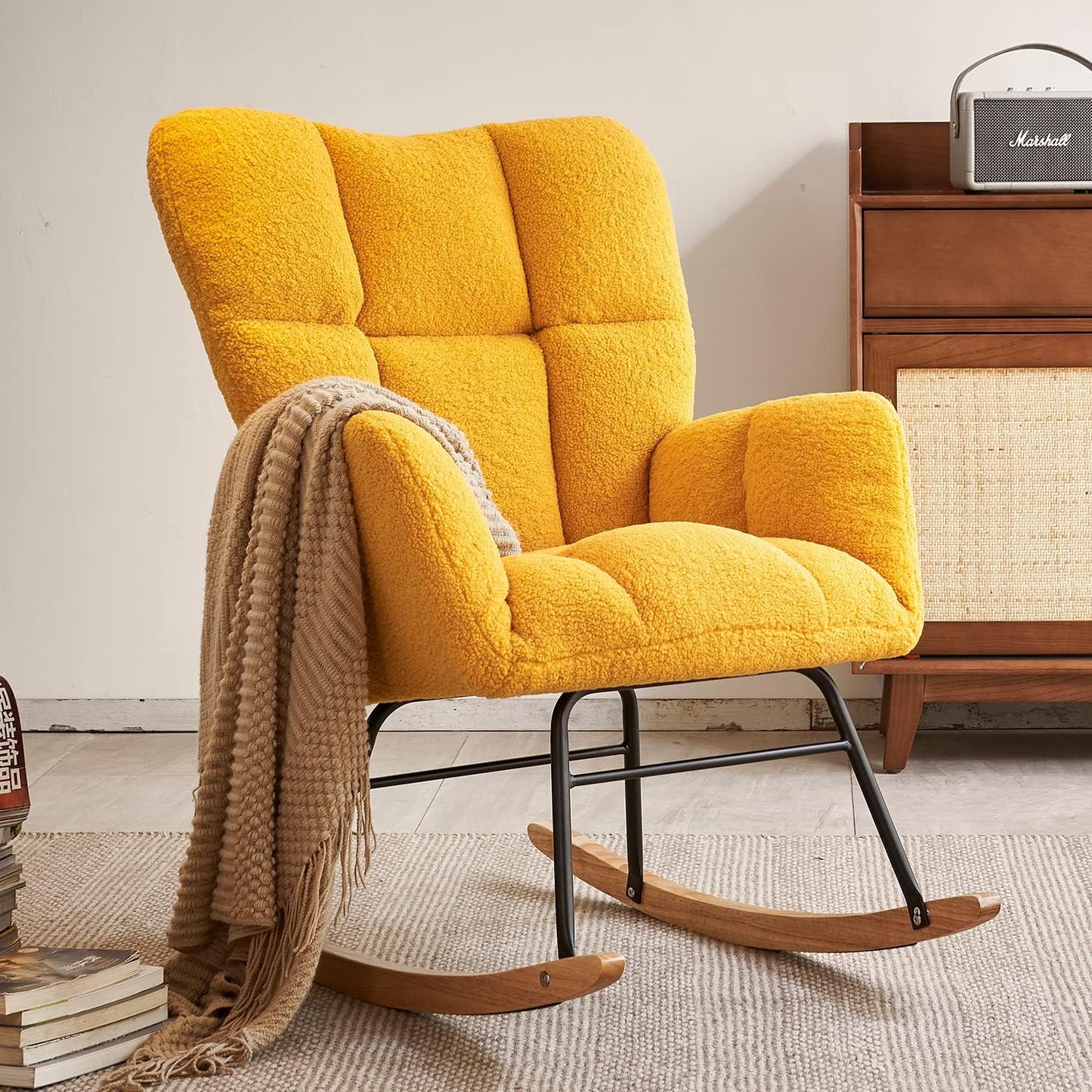 Nursery Rocking Chair, Teddy Fabric Upholstered Glider Rocker with High Backrest, Modern Rocking Accent Chairs Comfy Side Chair for Nursery, Bedroom, Living Room (Yellow)