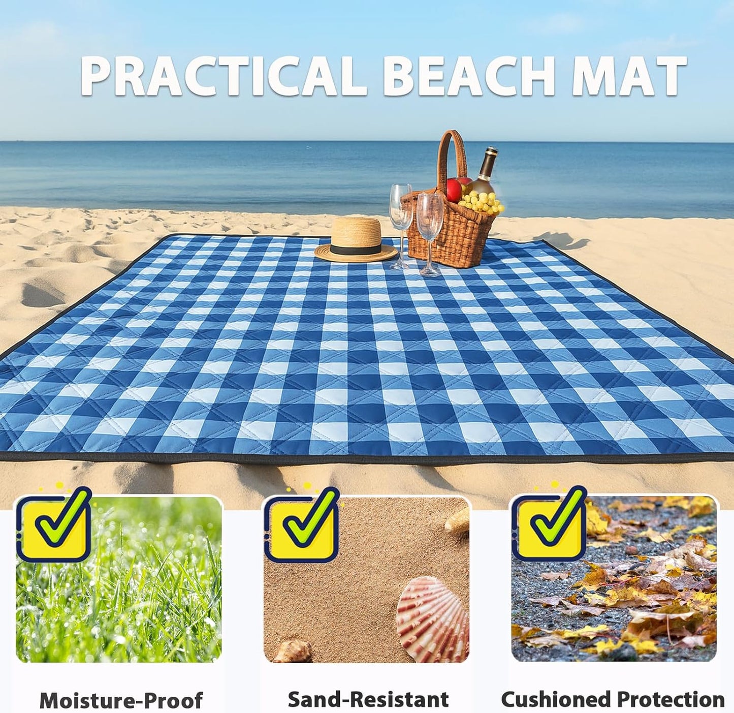 TigeJoy Extra Large Picnic Blanket Waterproof Foldable 60''x80'', Outdoor Picnic Mat Beach Blanket Sandproof for Park, Grass, Travel, Hiking, Camping Essentials, Gingham Picnic Blanket