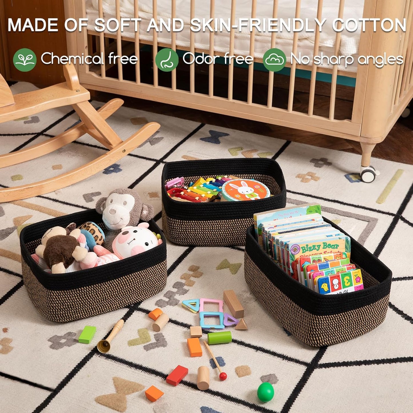 Storage Baskets for Organizing 3 Pack, Woven Baskets for Shelves, Closet Organizer Bins Empty Gift Basket Toy Storage for Toys, Books, Towels, Clothes, 15"x11.42"x6.7", Black & Yellow