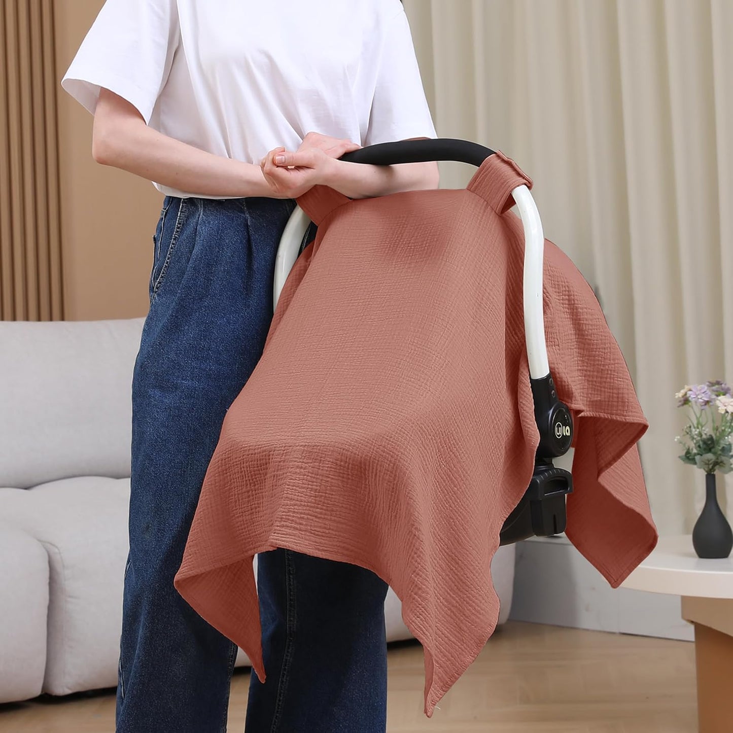 100% Muslin Cotton Car Seat Cover Baby, Carseat Canopy Cover, Universal Fit Stroller Covers for Boys and Girls (Blush)