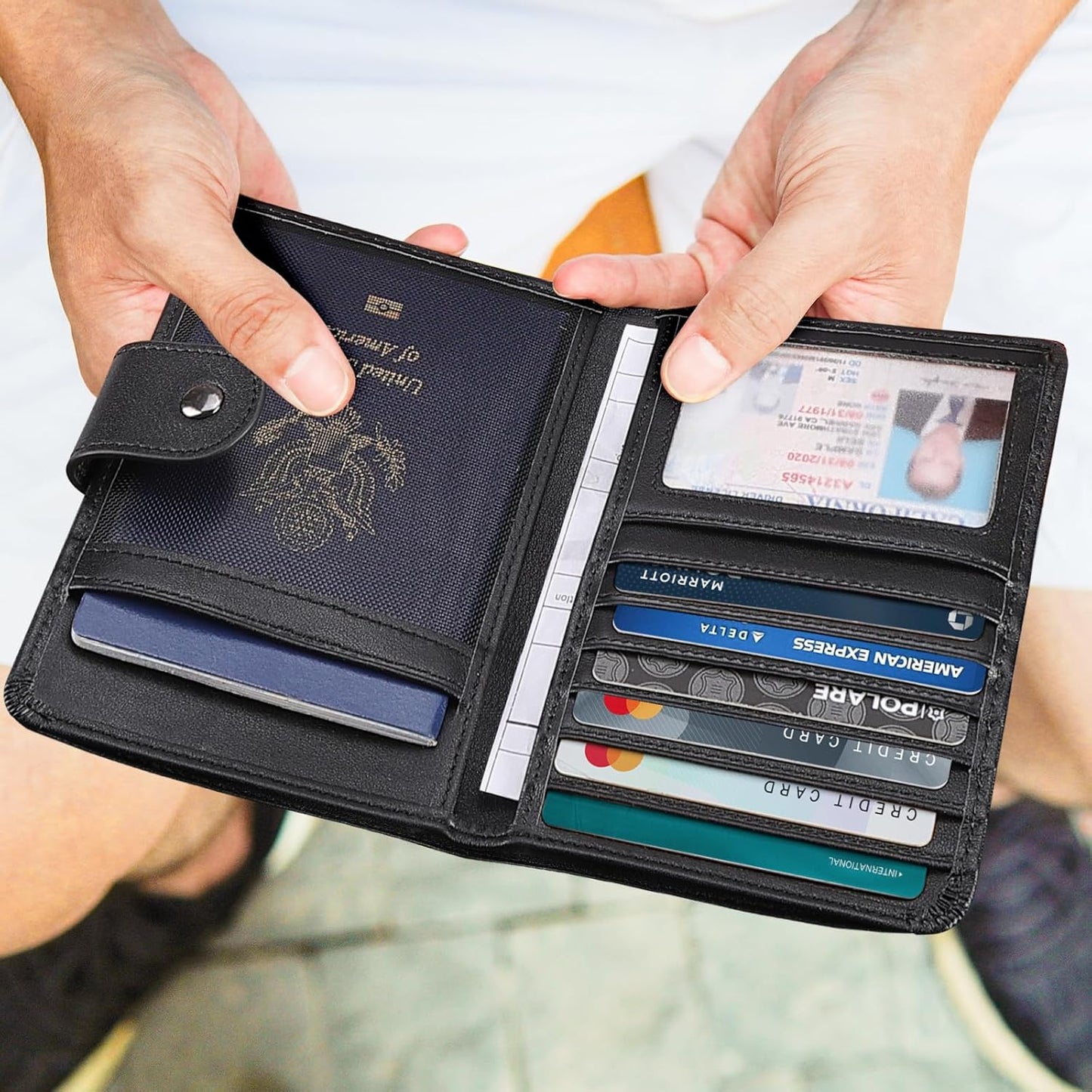 Polare Luxury RFID Blocking Leather Passport Holder Travel Wallet For Men and Women (Black with AirTag Slot(Snap Version))