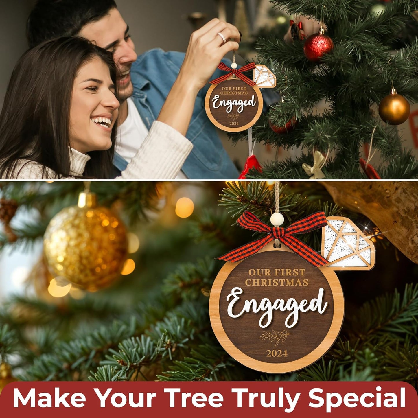 Our First Christmas Engaged Ornament 2024 - Wood Engagement Ornament 2024, Funny Engagement Gifts for Couples, Happy Newly Engaged Christmas Ornament 2024 for Bride