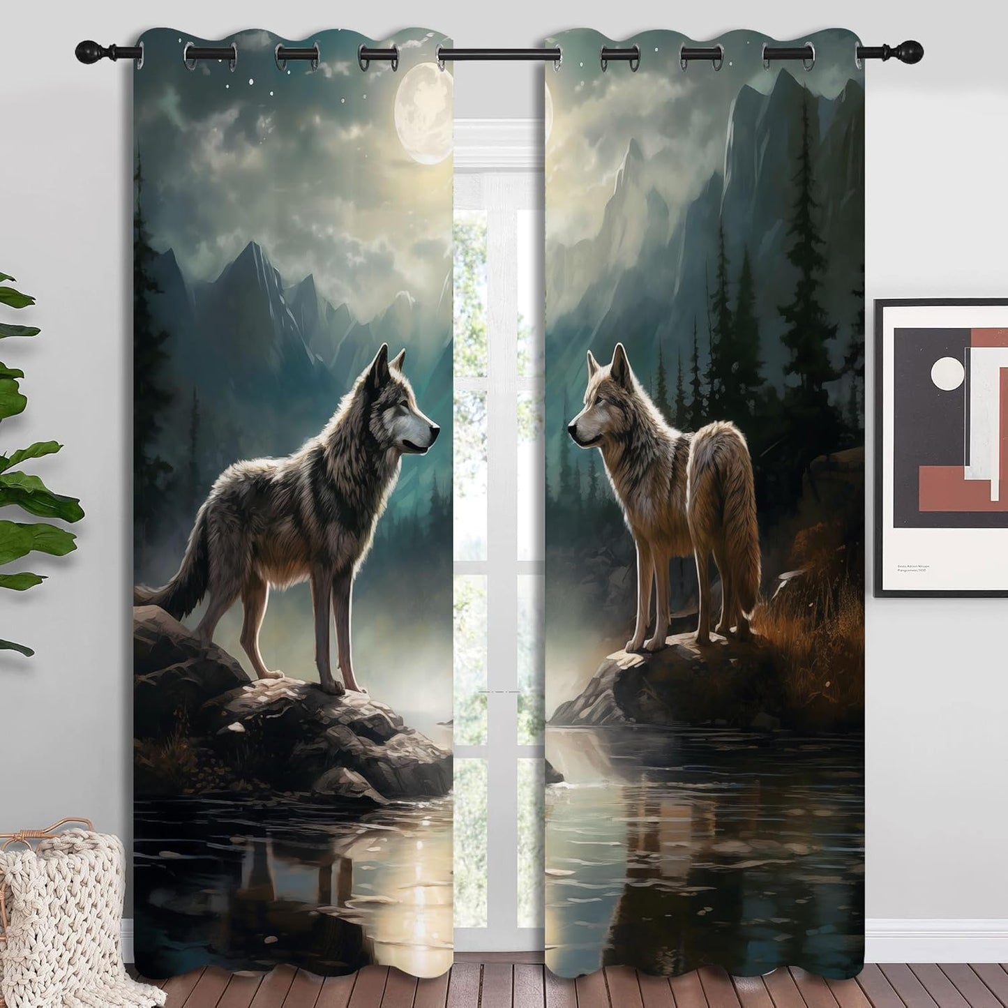 Wolf Blackout Curtains for Boys Girl Bedroom Decor,Moon Mountain Pine Forest Wild Animals Thermal Insulated Grommet Drapes Darkening Window Curtain for Living Room Home 84x84 inch