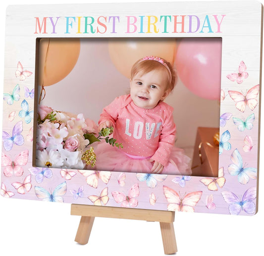 My 1st Birthday Picture Frames, Rainbow Butterfly Wooden 4x6 Photo Frame with Easel, Baby First Year Birthday Gifts for Home Office Tabletop Display Decorations - G06