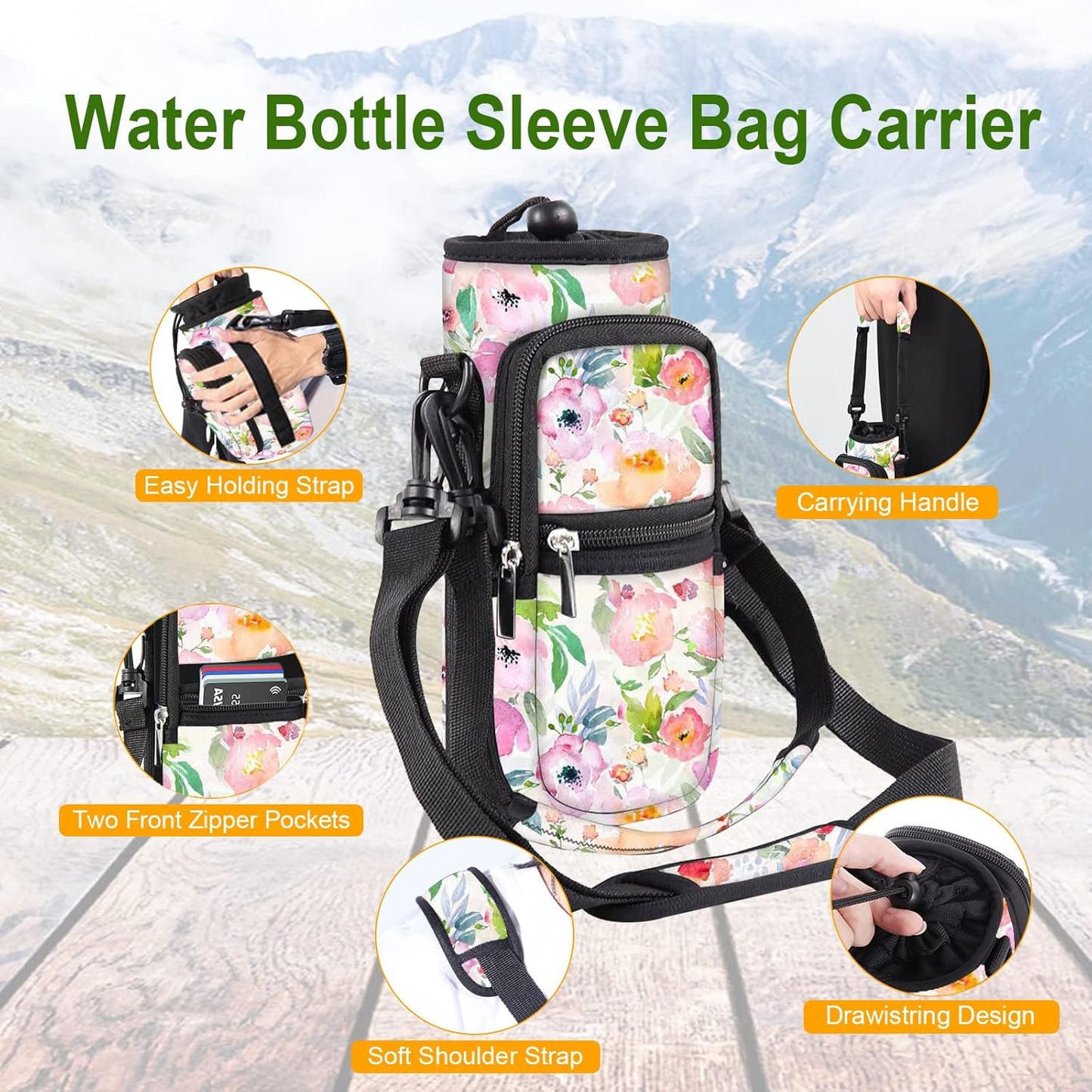 25/32/40/64oz Water Bottle Bag Holder Carrier-Insulated Crossbody Sling Case Sleeve with Strap & Pockets for Men Women Gym Cycling Travel Walking Hiking Camping