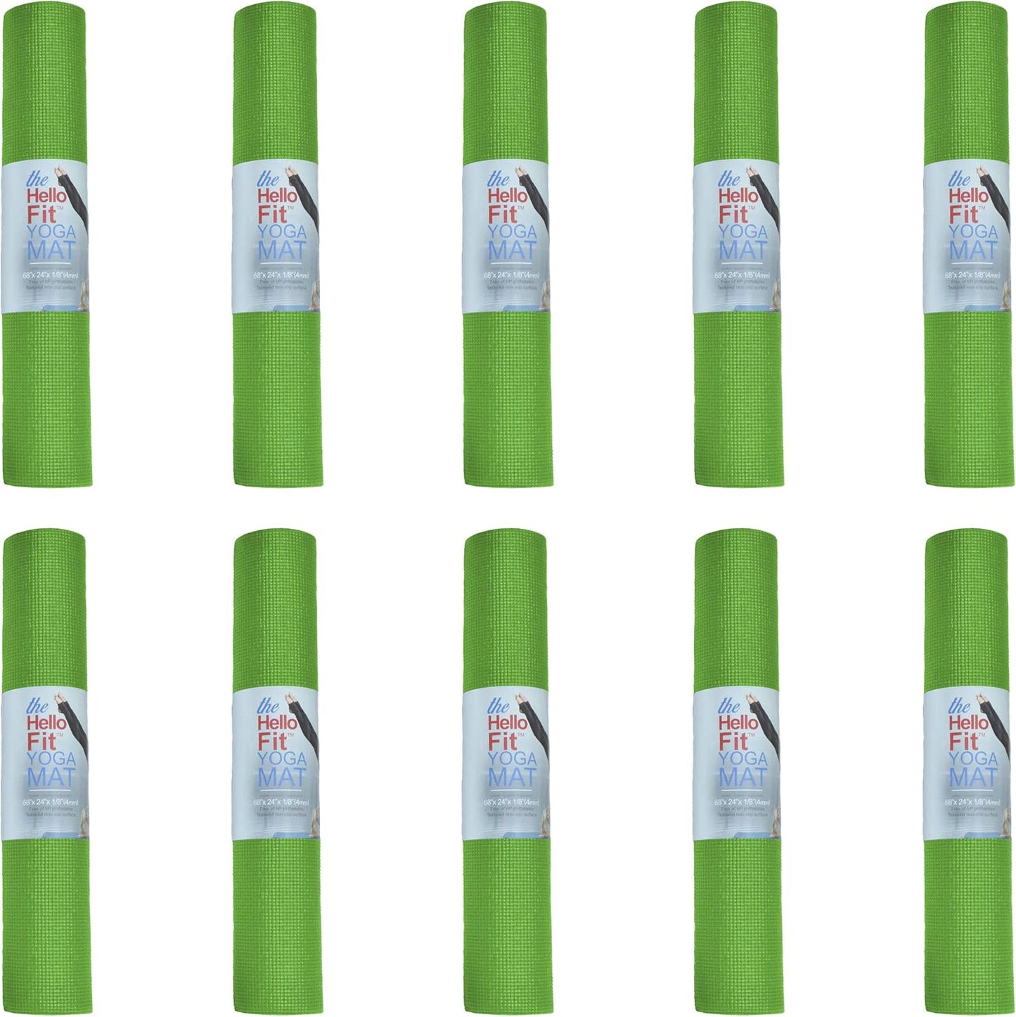 Hello Fit 10-Pack Yoga Mat, 68" x 24" Non Slip Exercise Mat, 4mm Thick Gym Mat for Fitness and Stretching, Bulk Non Toxic Yoga Mats for Schools and Studios