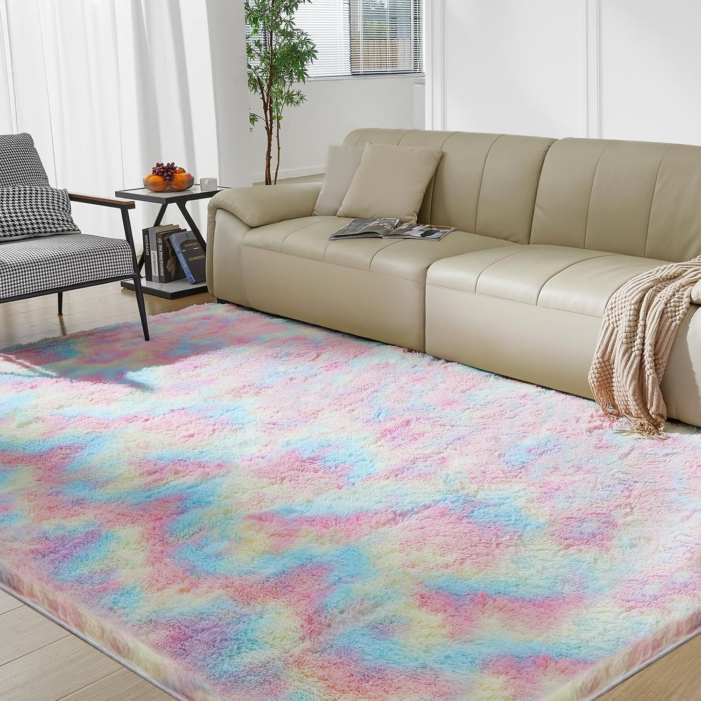 Ultra Soft Rug for Living Room, 4X6 Fluffy Shag Area Rug for Bedroom, Modern Shaggy Carpets Fuzzy Rug for Teens Dorm Nursery Home Decor Aesthetic, Upgrade Anti-Skid Durable, Rainbow