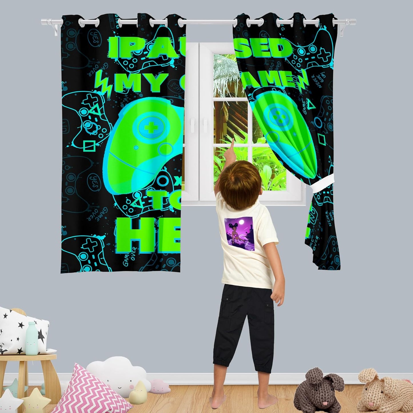 Gaming Curtain for Boys - 2Pcs Gamer Curtain Panels for Boys Bedroom Blackout Drapes Modern Games Patterns Windows Curtains Green Game Room Decor Grommet Top Thermal Insulated Curtains, 82" x 63"