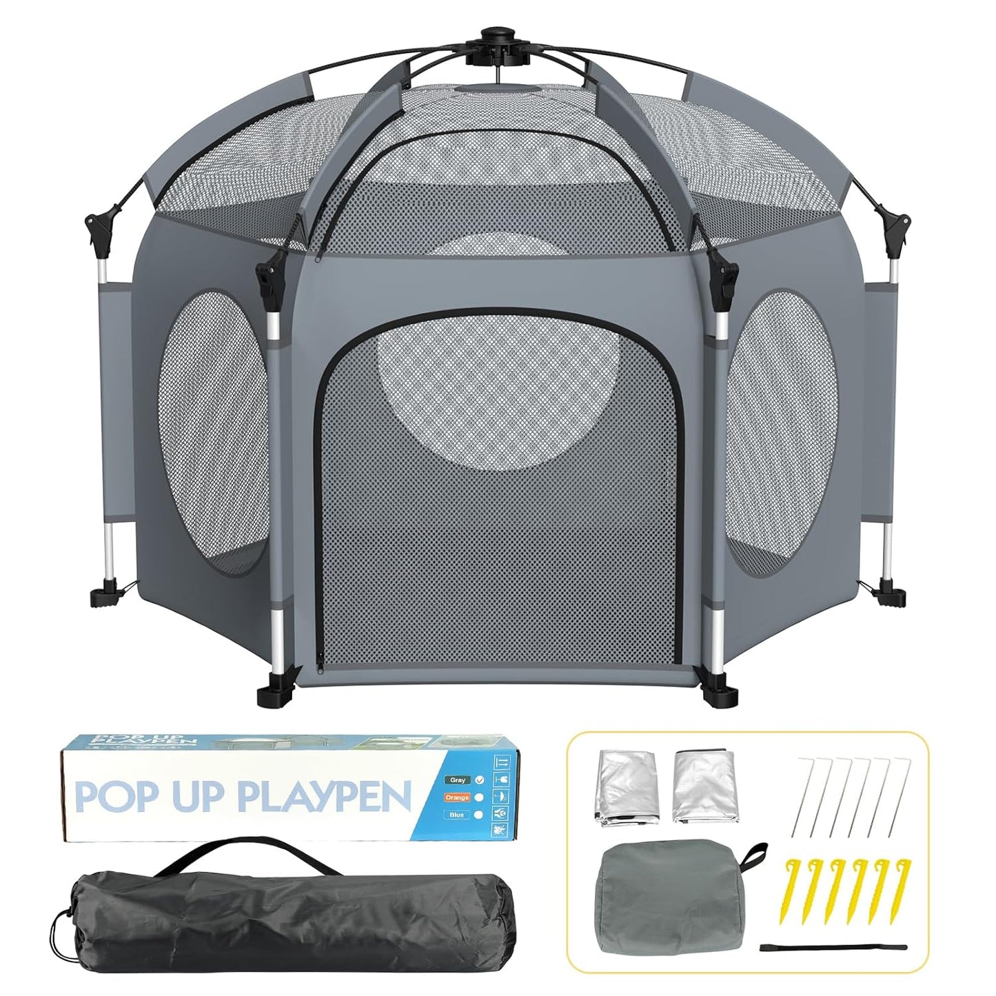 PRObebi Portable Pop Up Playpen for Babies and Toddlers - Grey Lightweight Outdoor Play Yard with Three Sun-Shade - Beach and Indoor Use with Travel Bag