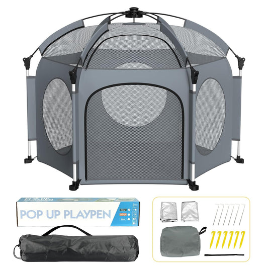 PRObebi Portable Pop Up Playpen for Babies and Toddlers - Grey Lightweight Outdoor Play Yard with Three Sun-Shade - Beach and Indoor Use with Travel Bag