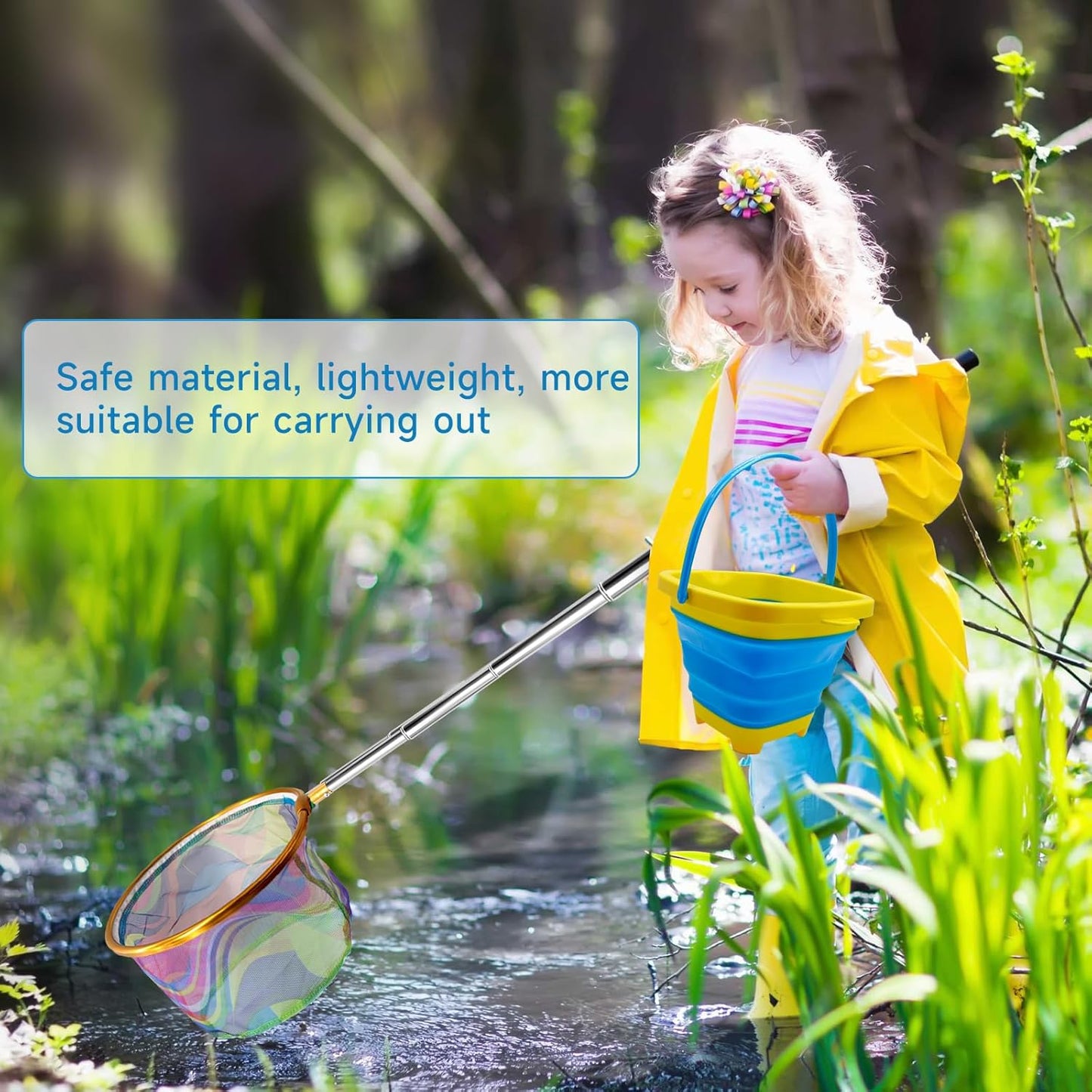 2PCS Fishing Net with Bucket, Telescopic Fishing Landing Net, Collapsible Kids Sand Bucket, Kids Fish Butterfly Catching for Freshwater Saltwater Outdoor Activities