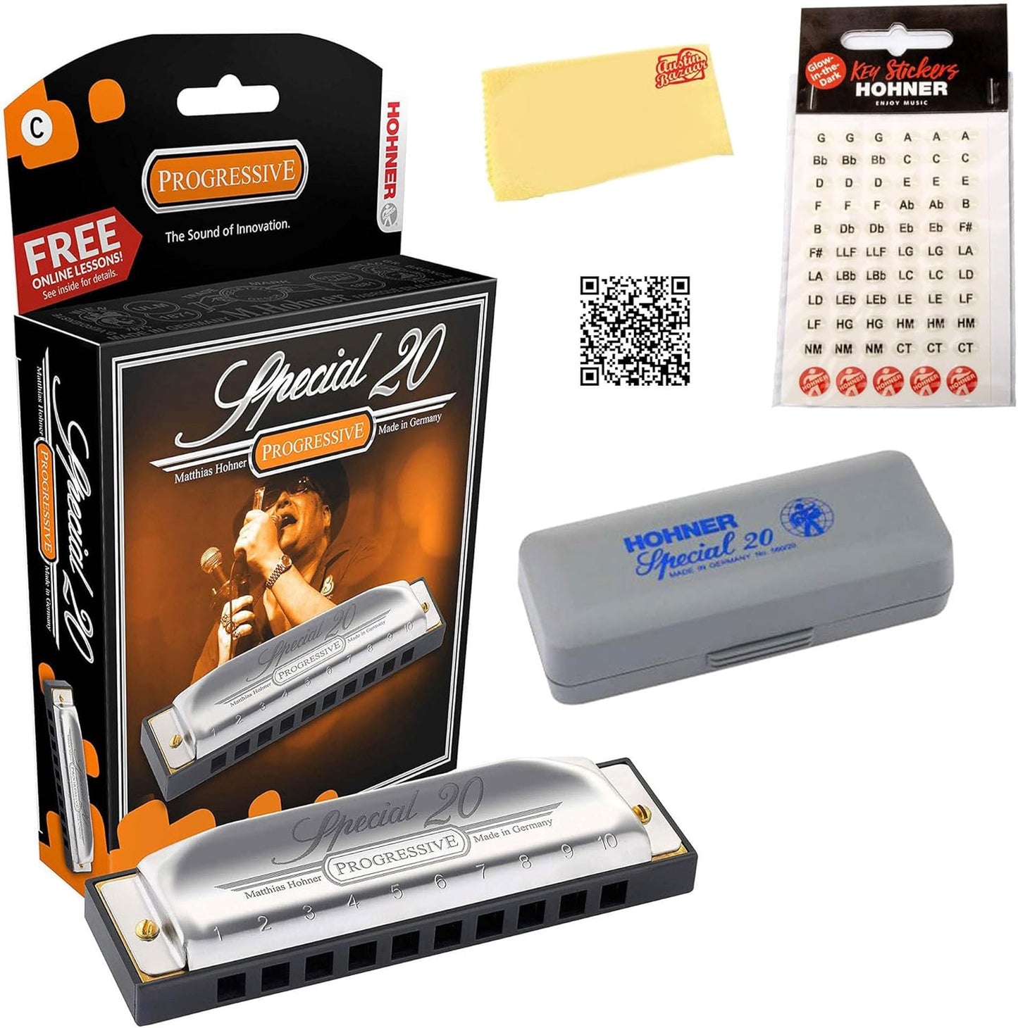 Hohner 560 Special 20 Harmonica - Key of B Bundle with Carrying Case, Key Stickers, Harmonica Beginner Online Manual, and Austin Bazaar Polishing Cloth