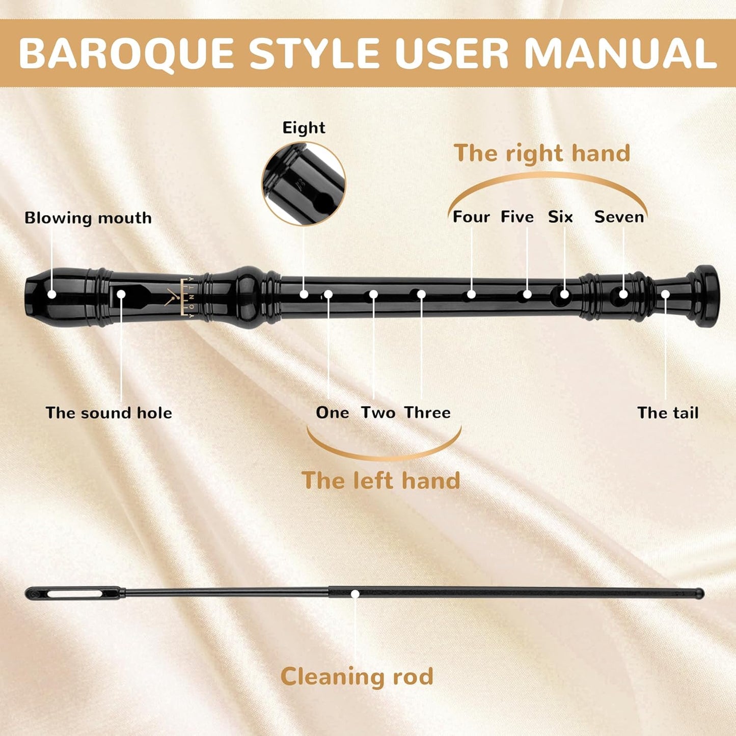 Soprano Recorder 8-Hole Instrument for Beginners Kids Students, Baroque Style C Key Flute with Cleaning Rod & acking Bag for Education & Entertainment-Obsidian