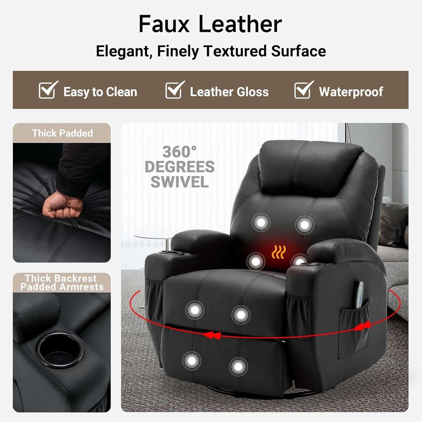 Recliner Chair, Rocking Chair with Massage and Heat, 360° Swivel Recliner Chairs for Adults, Rocker Manual Recliner with Remote Control and Cup Holder for Living Room, Bedroom, Nursery