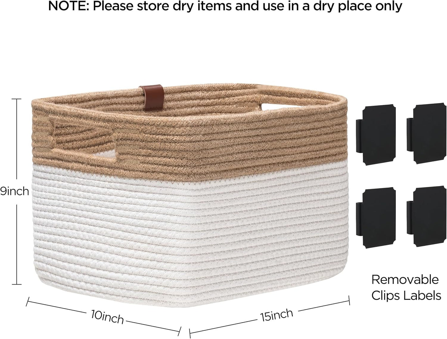 UBBCARE 4 Pack Baskets for Organizing, Woven Storage Baskets with Label for Toys and Towel, Rectangle Cotton Rope Basket with Handles, 15''L x10''W x9''H, Jute&White