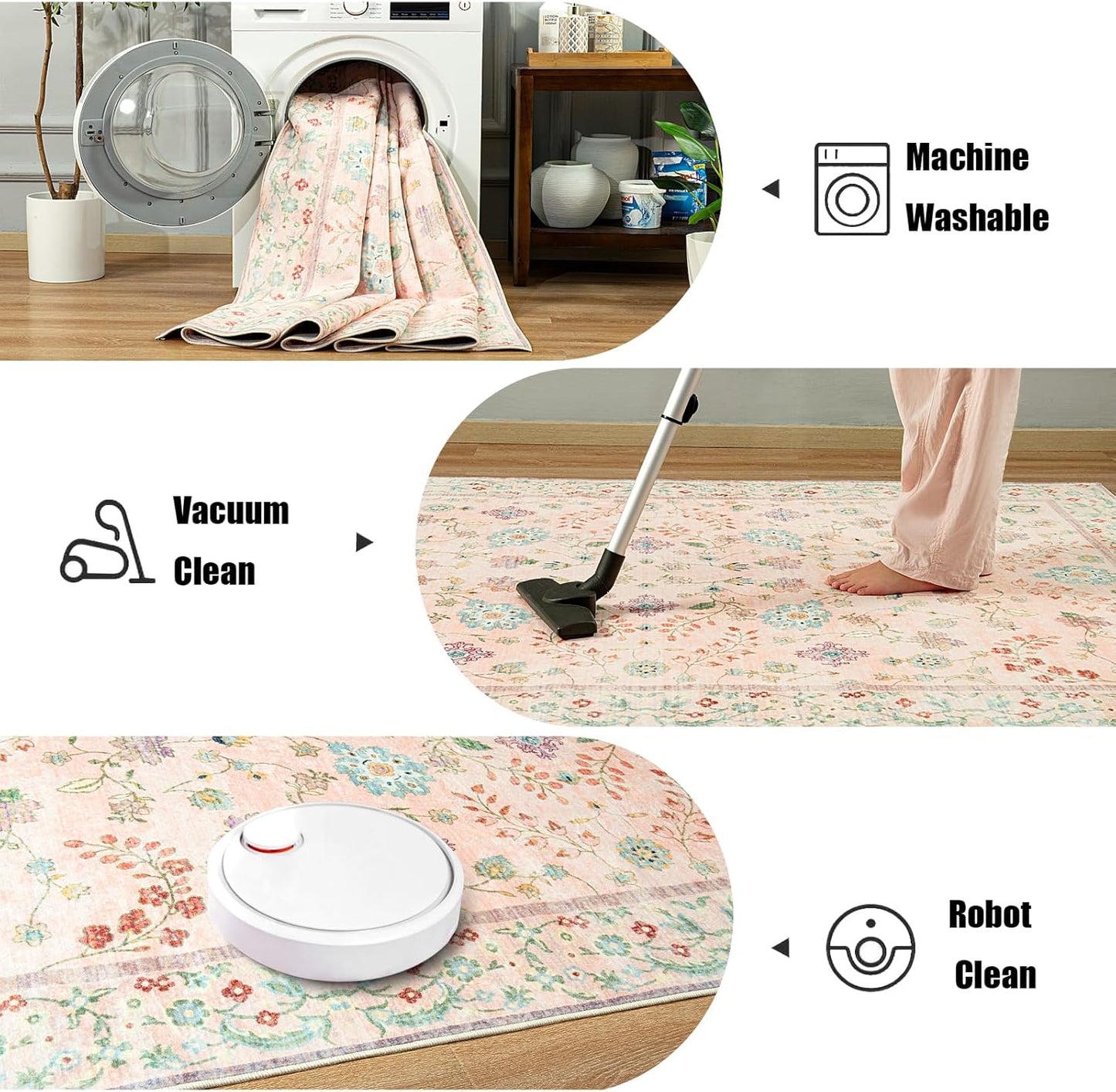 LOCHAS Washable Area Rugs 6x9, Pink Floral Rug for Living Room Bedroom Non Slip, Ultra Soft Vintage Indoor Carpet for Kids, Nursery, Dorm, Dining Room, Classroom, Boho Flower Home Decor, Low-Pile