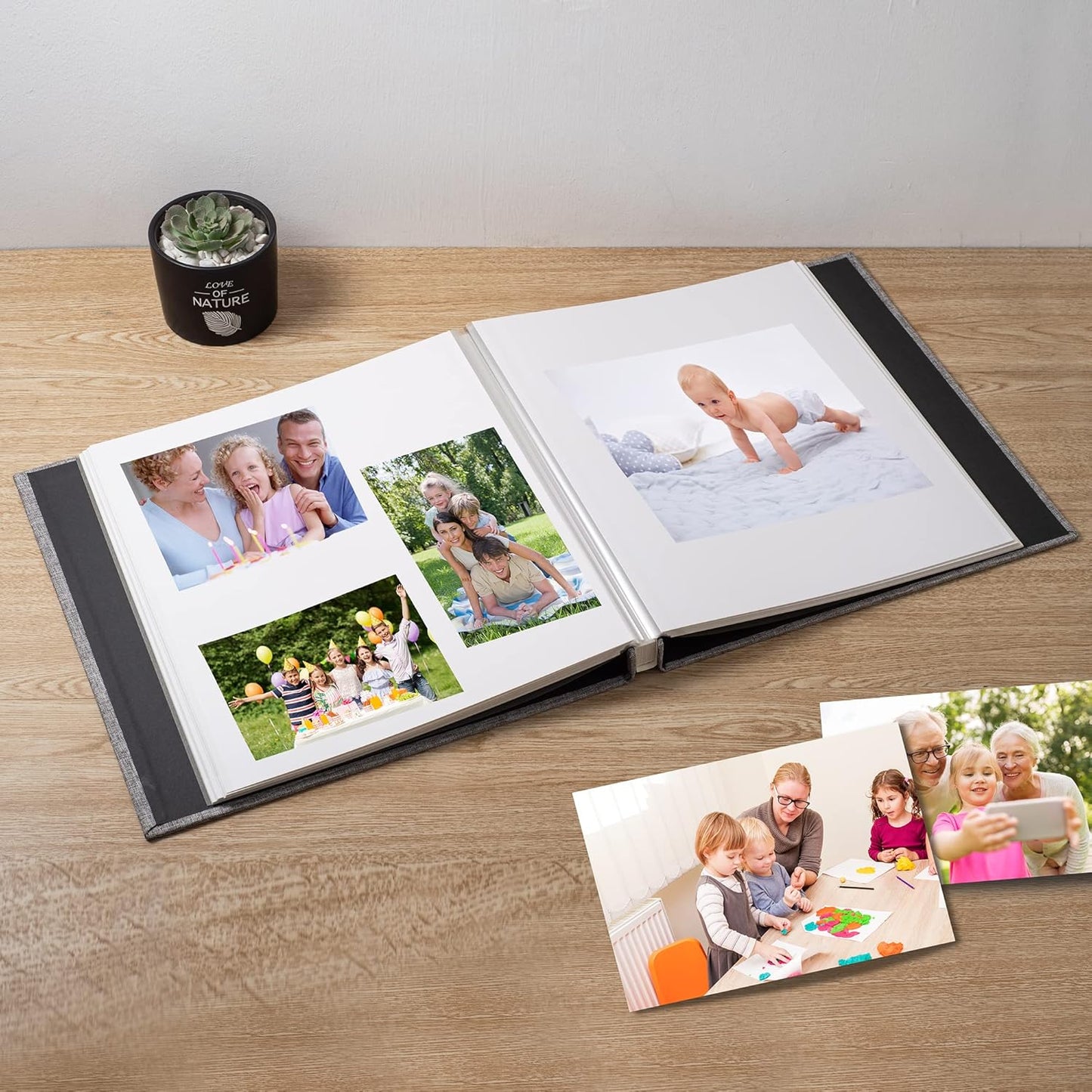 Large Photo Album Self Adhesive Scrapbook Album for 4×6 5×7 8×10 Pictures DIY Magnetic Linen Cover Album 60 Pages for Family Wedding Gifts with Metal Pen and Plastic Board