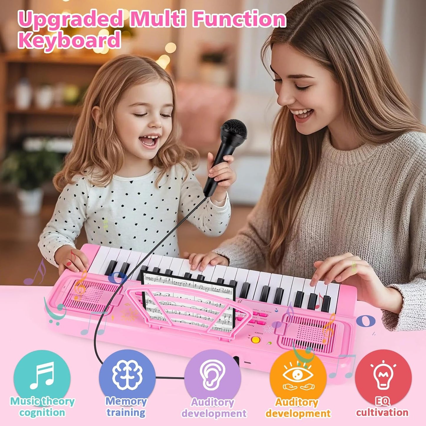 Kids Keyboard Piano, 37 Keys Keyboard Electric Digital Piano, Early Learning Educational Musical Toys Piano for Kids Toddlers Beginners with Music Stand, Microphone - Christmas Birthday Gifts, Pink