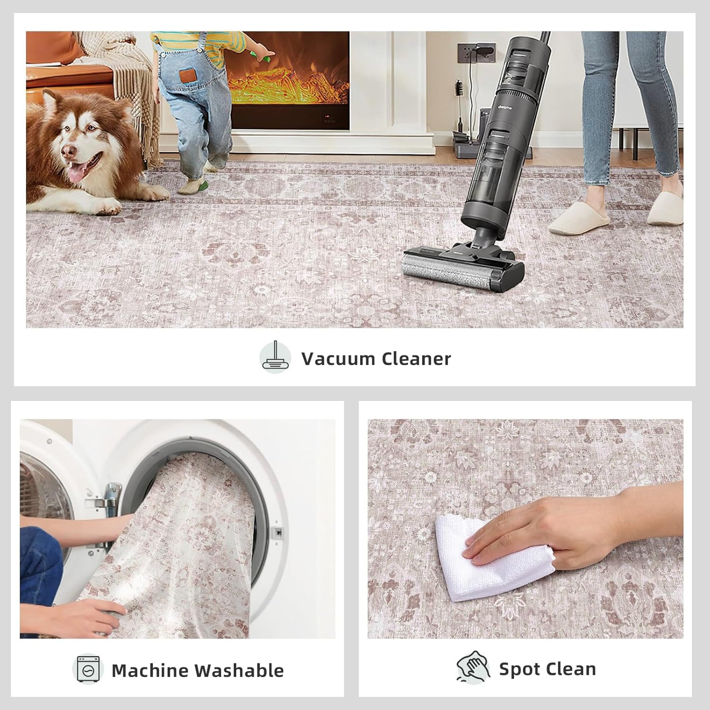 Light Pink Area Rugs 3x5 Nursery Rug for Baby Girl Neutral Floral Area Rug for Living Room, Vintage Boho Washable Rug Indoor Carpet for Bedroom Dining Room