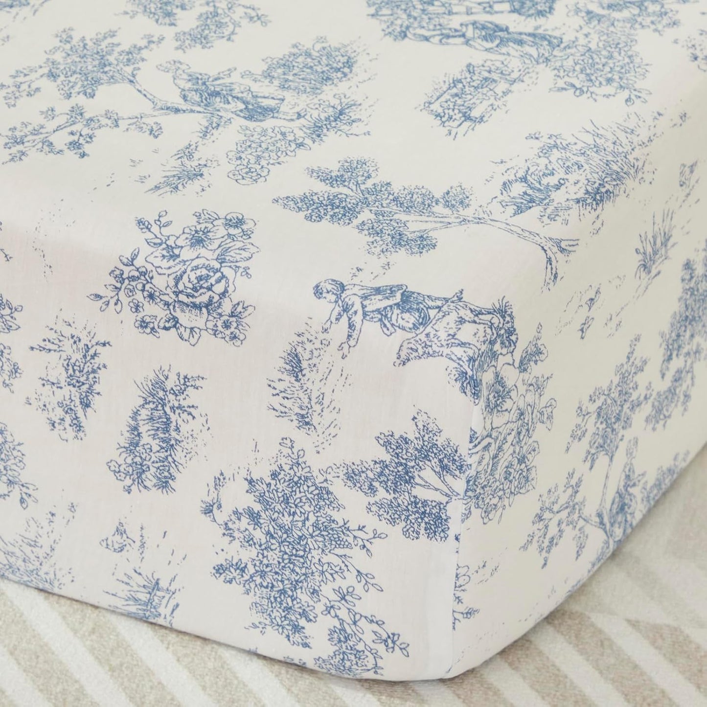 Brandream 3 Pieces French Country Toile Crib Bedding Set for Girls Vintage Blue Toile Floral Print 100% Cotton Baby Girl Nursery Bedding Collection - Ruffles Quilt,Toile Crib Sheet,Crib Bed Skirt