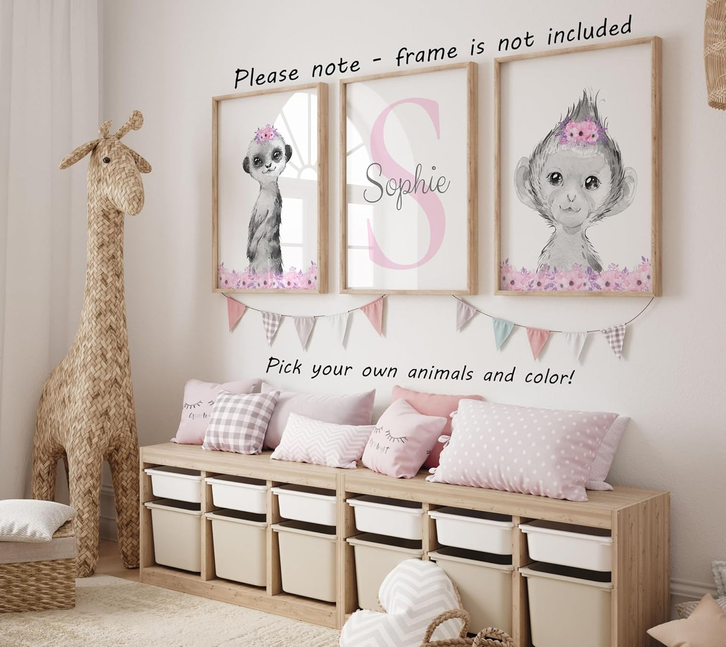 Safari Animals Girls Nursery Bedroom Unframed Set of 3 Poster Prints, Personalized Name Pink or Purple Flowers Wall Art Decor New Baby Gift Present, Elephant Giraffe Panda Zebra Lion (11x14)