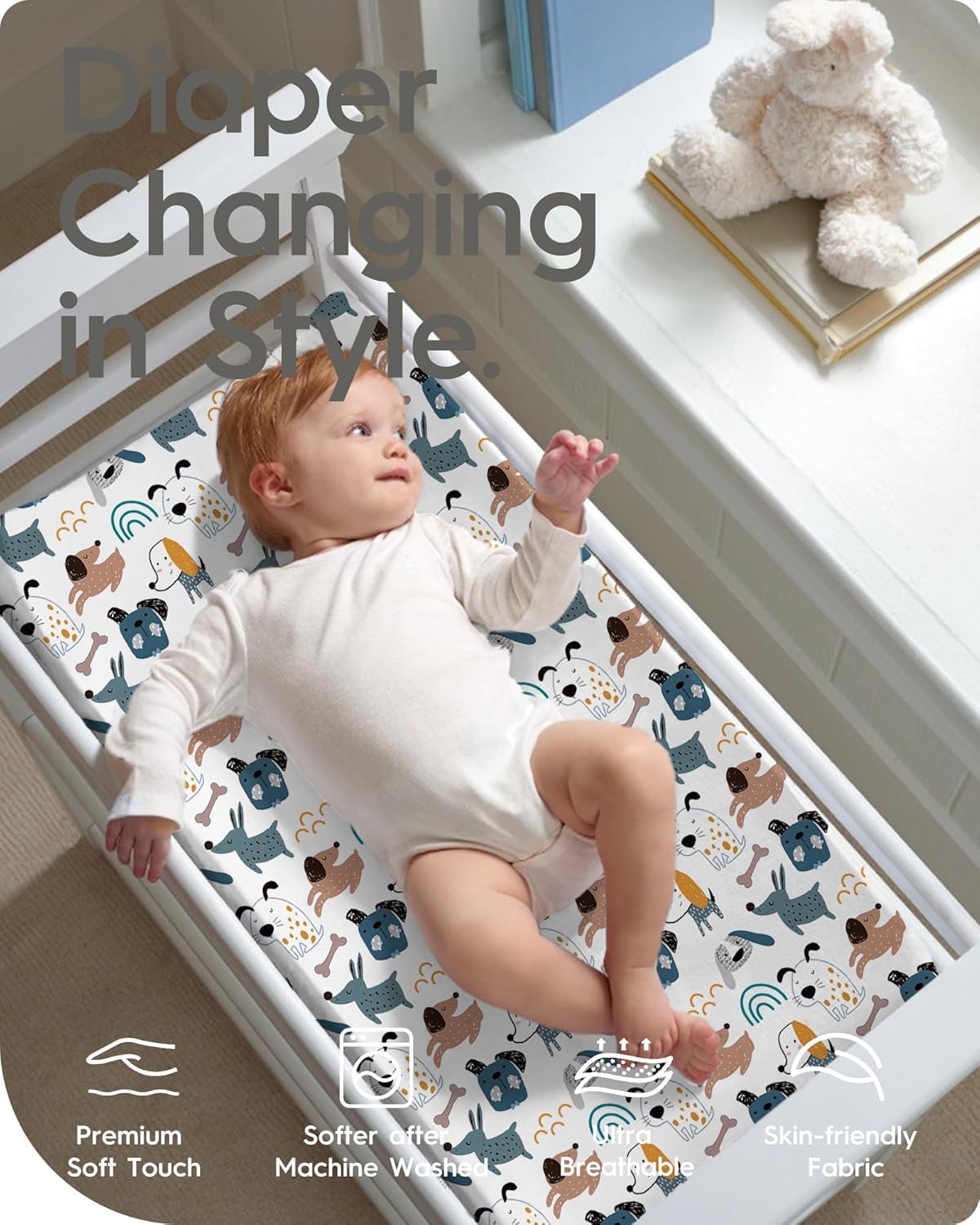 Extra Stretchy Changing Pad Cover, TotBasic Ultra Soft Premium Jersey Knit Changing Pad Sheets, Unisex for Boys Girls, Fits All Standard Changing Tables/Dresser Tops - 2 Pack (Print Dino + Puppy)