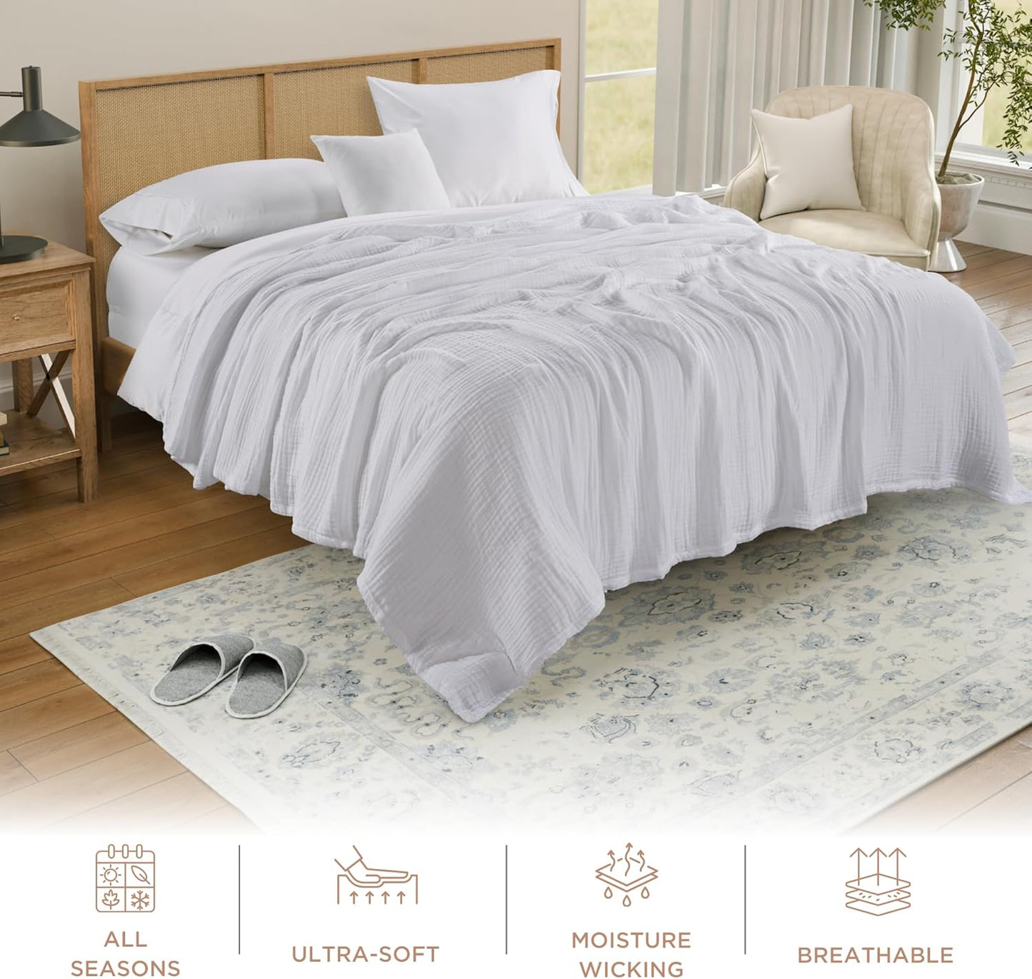 Threadmill Summer Muslin King Size Blanket | 4 Layer 100% Cotton Gauze Blanket | Lightweight, Soft, and Breathable Muslin Blanket for All Seasons | White