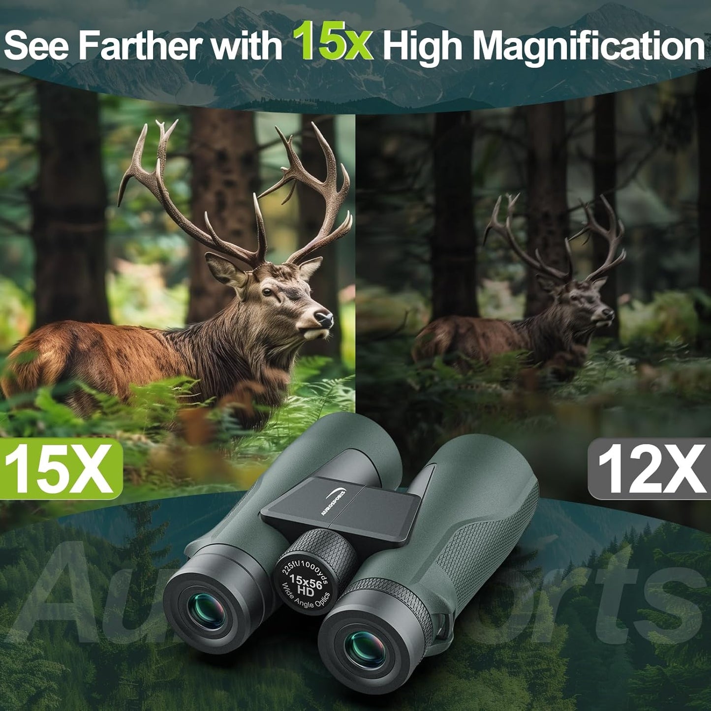 15x56 Binoculars for Adults High Powered - Aurosports HD Large View Binoculars with Clear Low Light Vision - Lightweight Easy Focus Bird Watching Hunting Hiking Cruise Travel - Green
