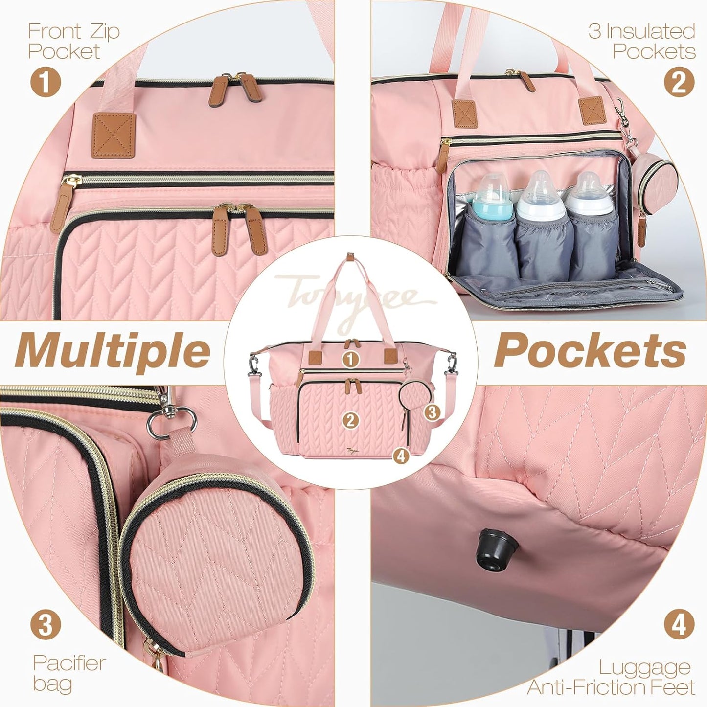 Diaper Bag Tote, Large Diaper Bags Waterproof, Hospital Bag for Labor Delivery, Baby Bag with Pacifier Case, Travel Diaper Tote with Changing Pad, Pink
