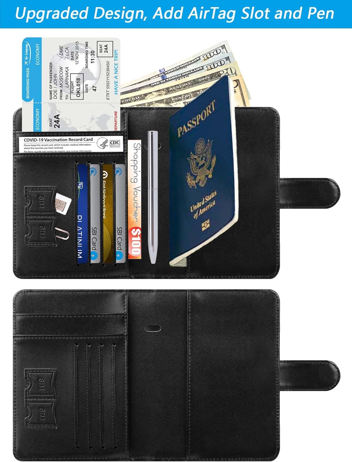 Airtag Passport Holder Cover Wallet RFID Blocking Leather Case Travel Essentials Luggage Accessories Travel Must Have(118#Black)