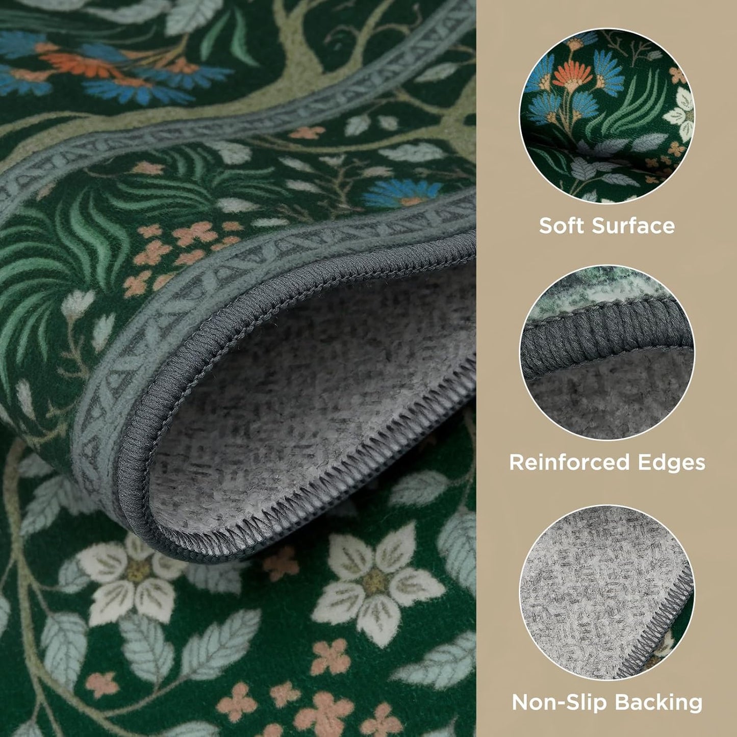 Joydeco Boho Floral 8x10 Area Rugs for Living Room, Washable Dark Green Rug Non Slip, Soft Large Low-Pile Botanical Forest Indoor Floor Throw Carpet for Bedroom Nursery Dining Office