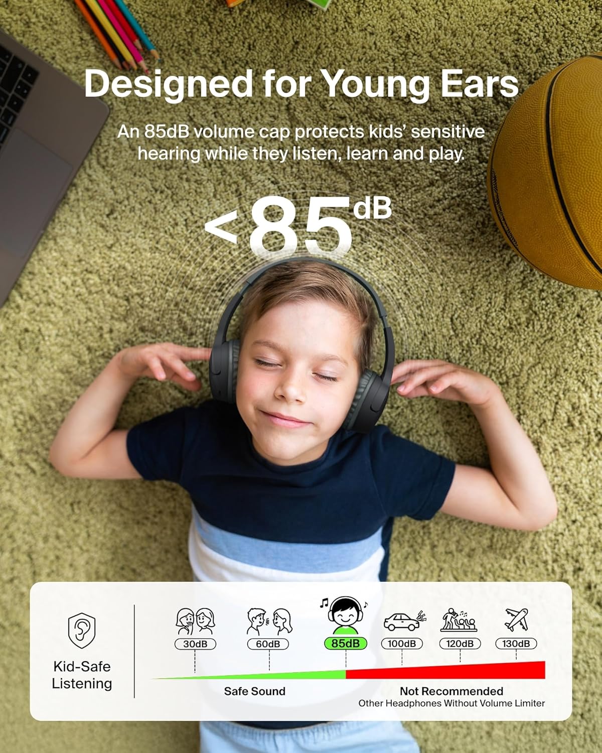 Belkin SoundForm Mini Kids Wireless Headphones w/Built-in Microphone, 30H of Playback Time, & Fun Stickers - Over-Ear Headsets for Online Learning, School, Travel, iPhone, iPad, Galaxy & More - Black